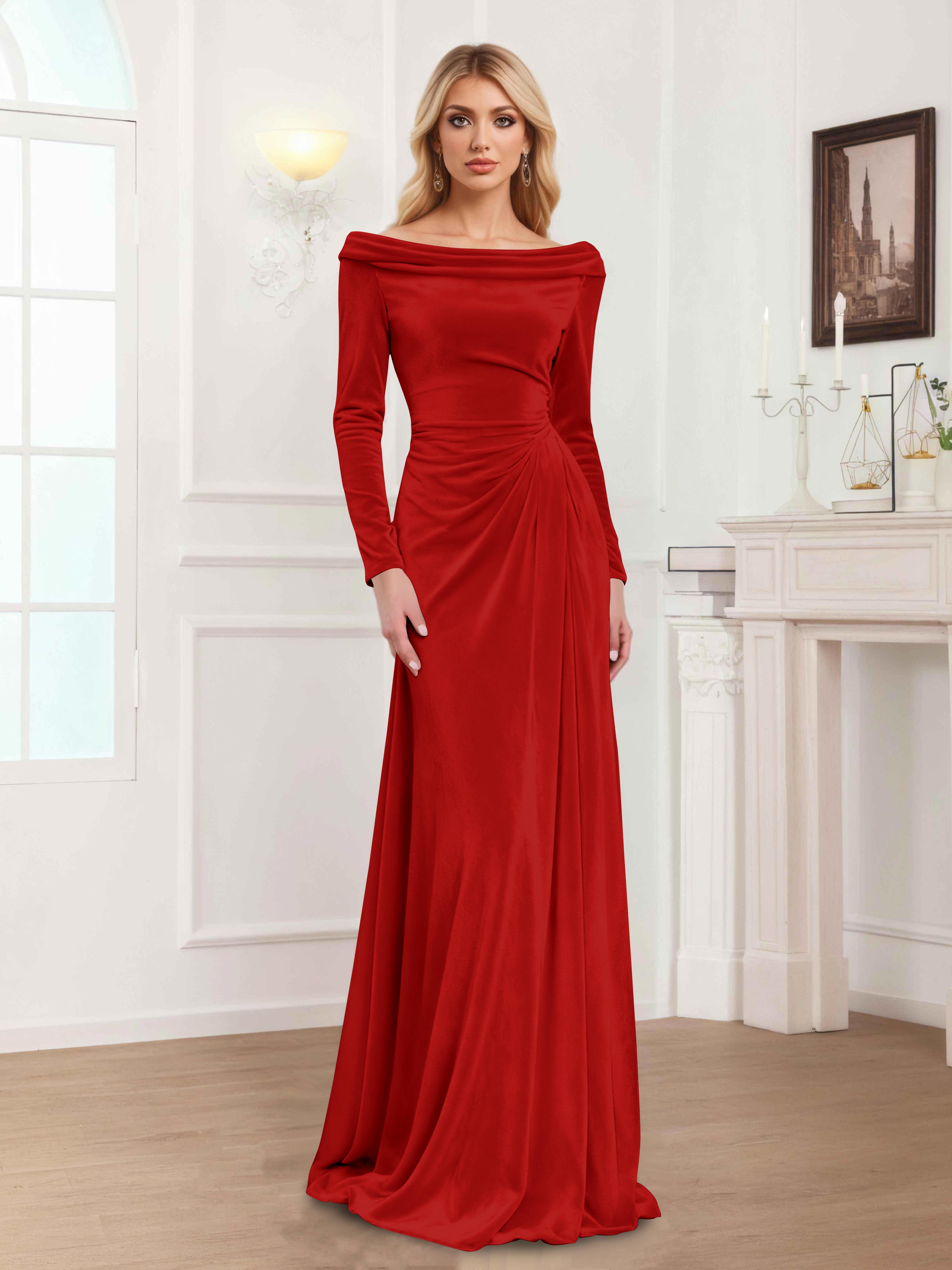 Robes Mère De La Mariée En Velours À Manches Longues Ruché Zanna