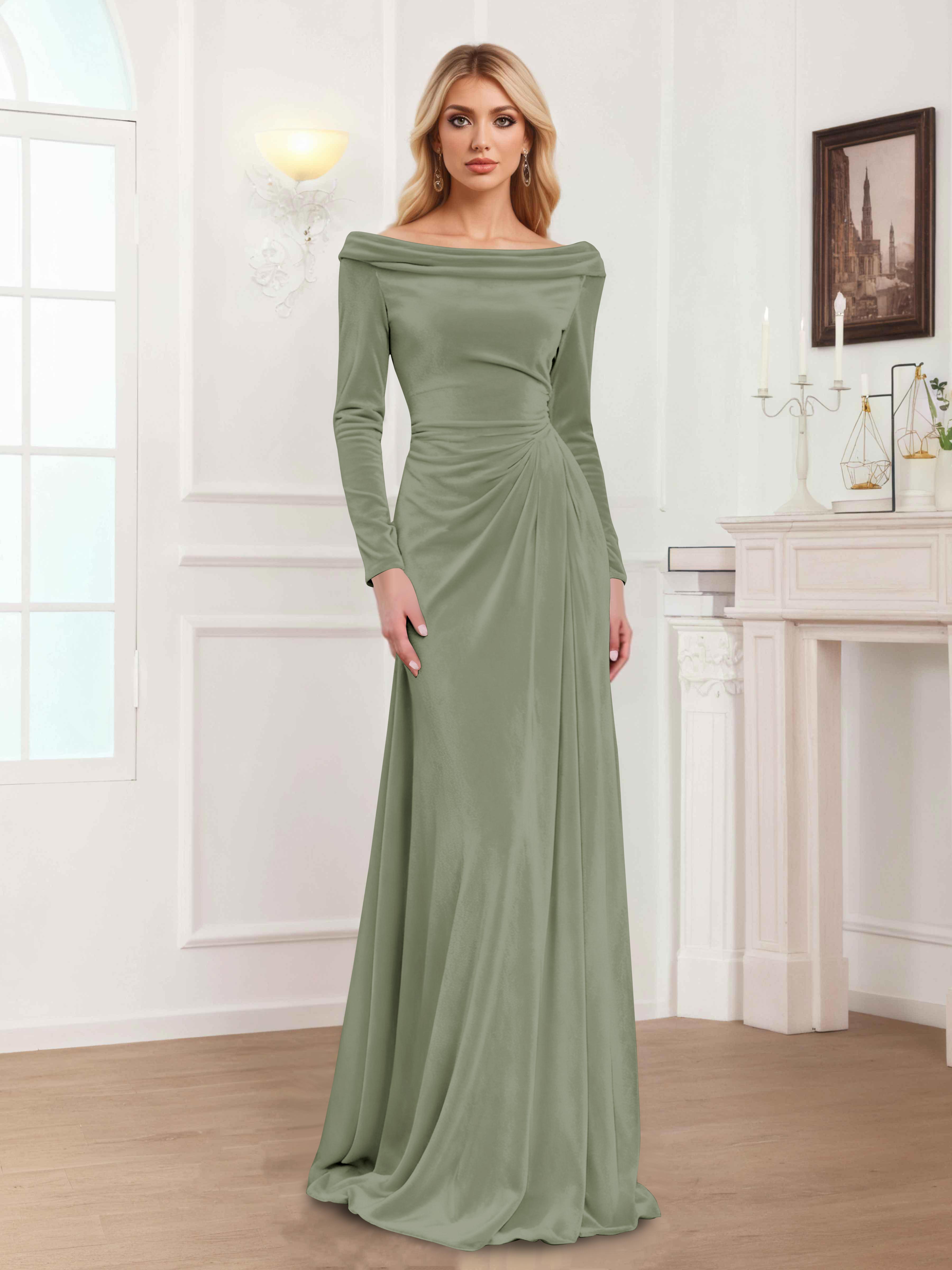 Robes Mère De La Mariée En Velours À Manches Longues Ruché Zanna