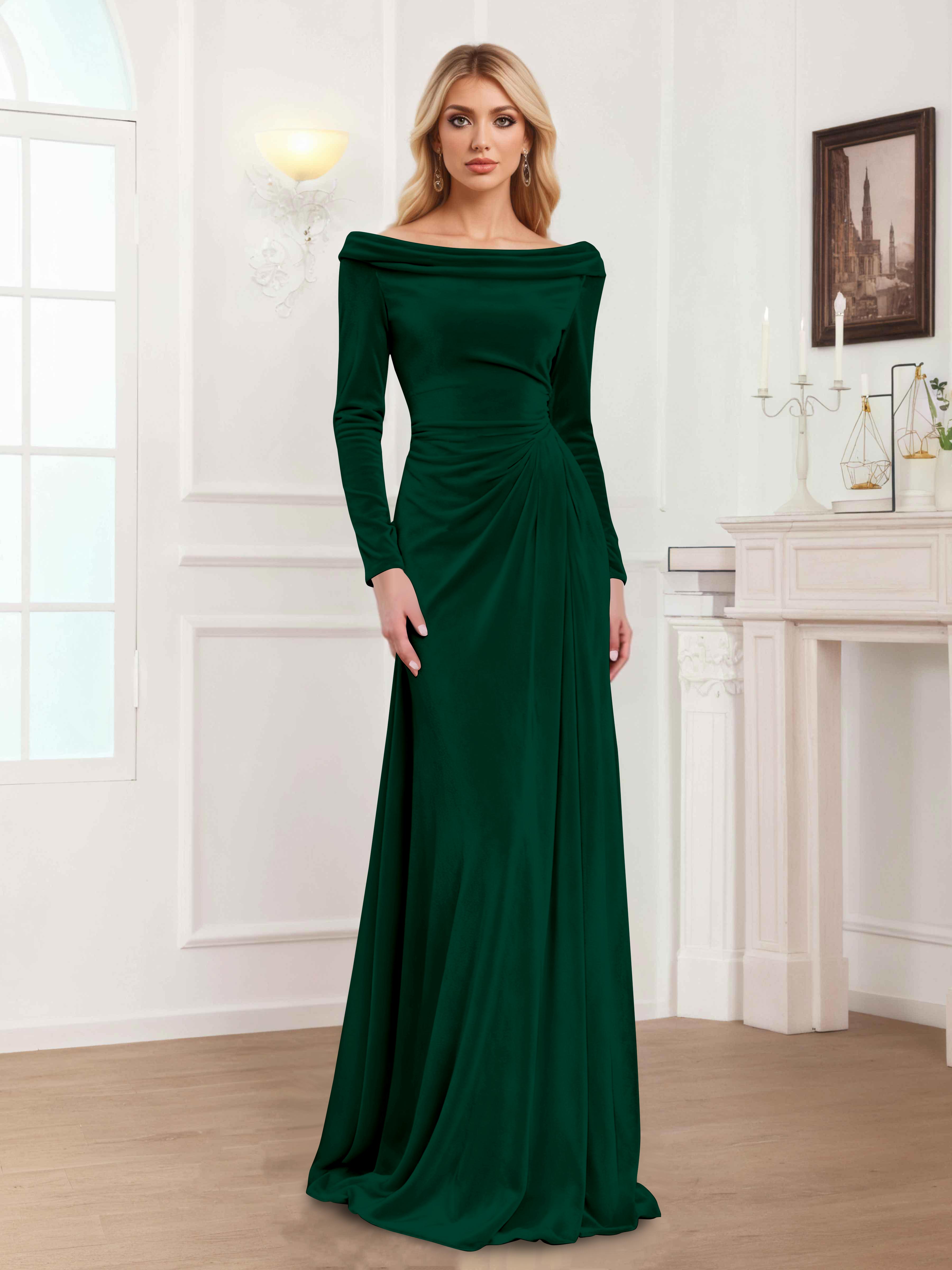 Robes Mère De La Mariée En Velours À Manches Longues Ruché Zanna
