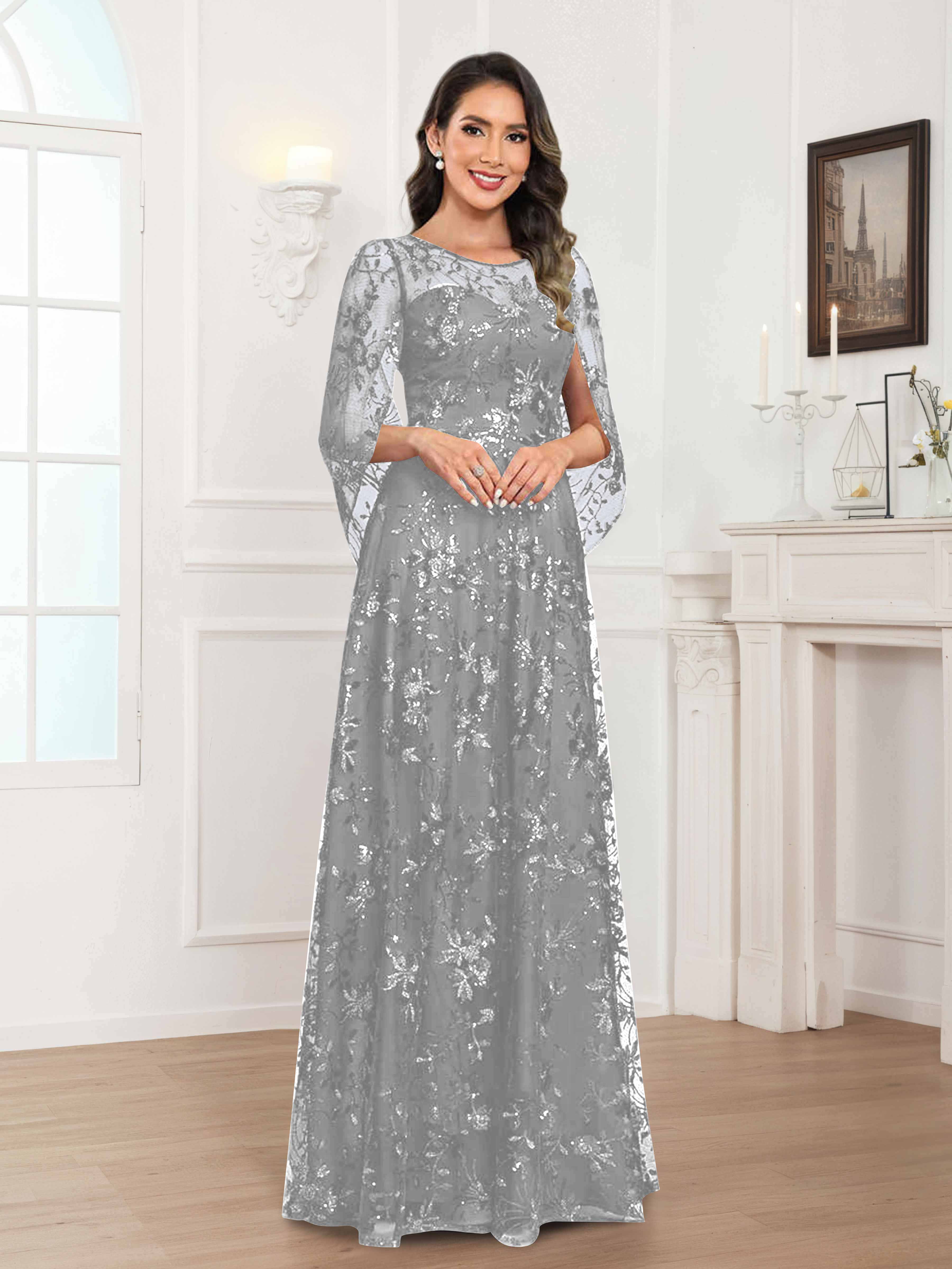 Robes Mère De La Mariée En Mousseline À Col Rond Pailleté Dentelle Quenella