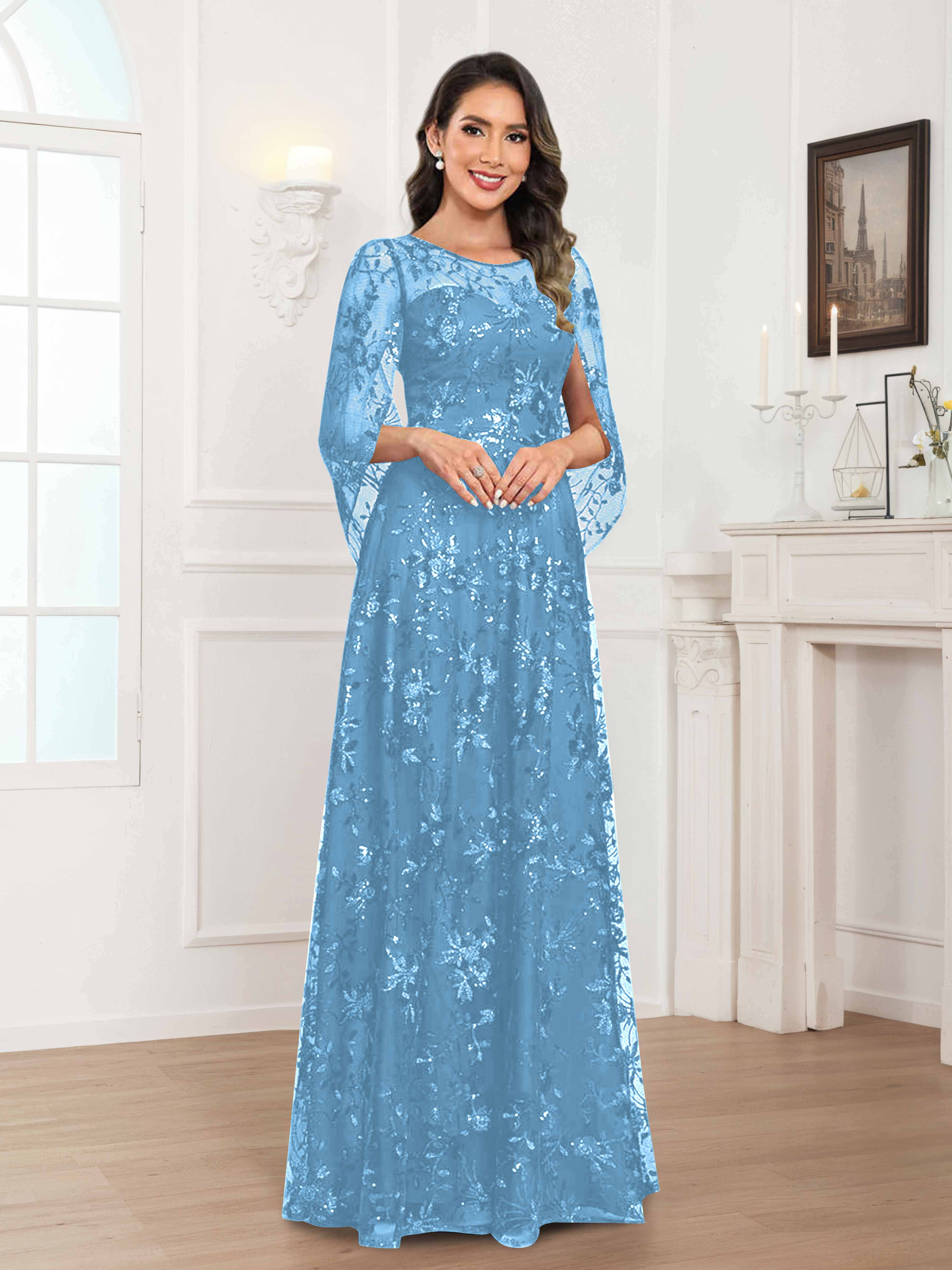 Robes Mère De La Mariée En Mousseline À Col Rond Pailleté Dentelle Quenella