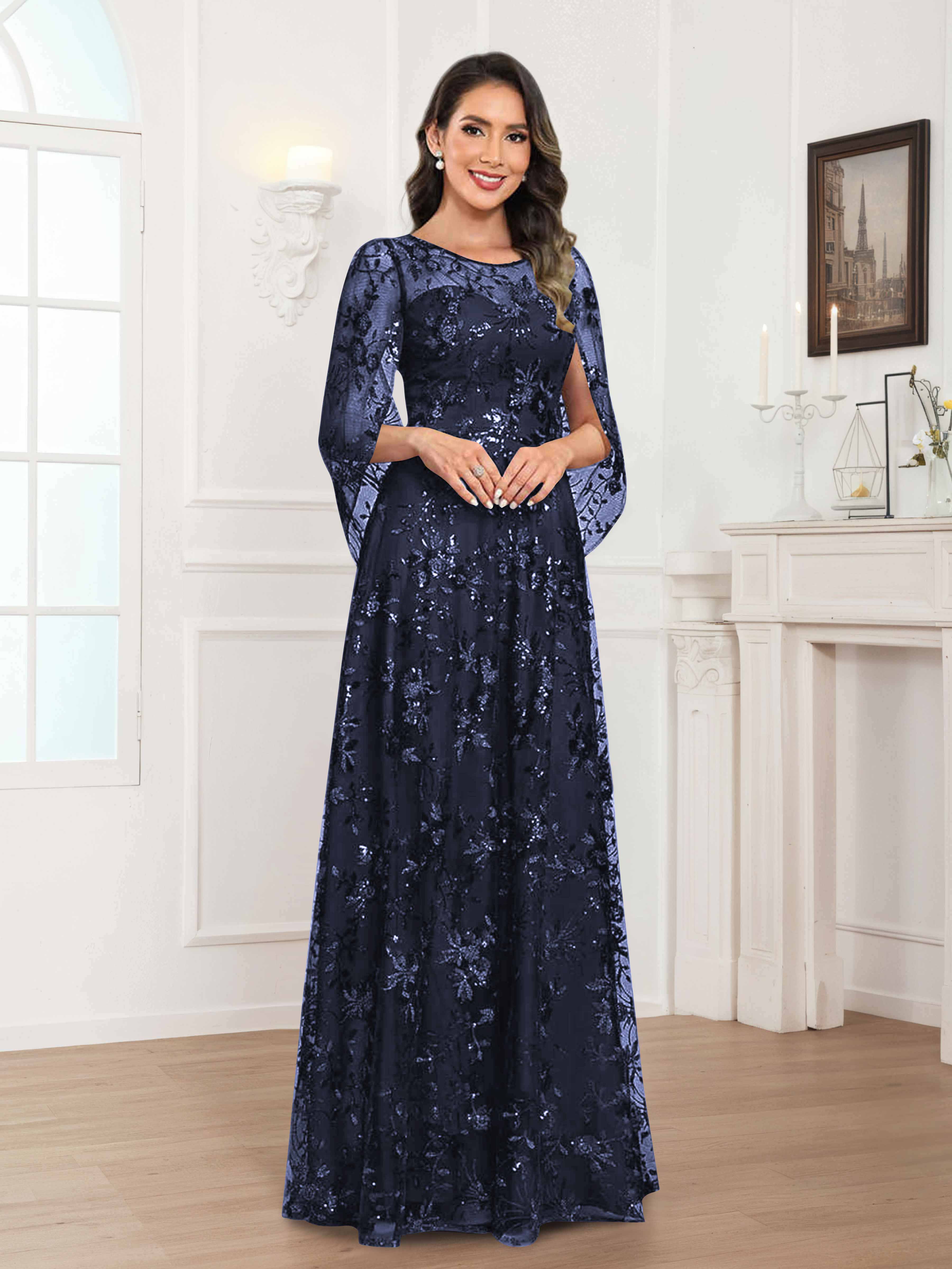 Robes Mère De La Mariée En Mousseline À Col Rond Pailleté Dentelle Quenella