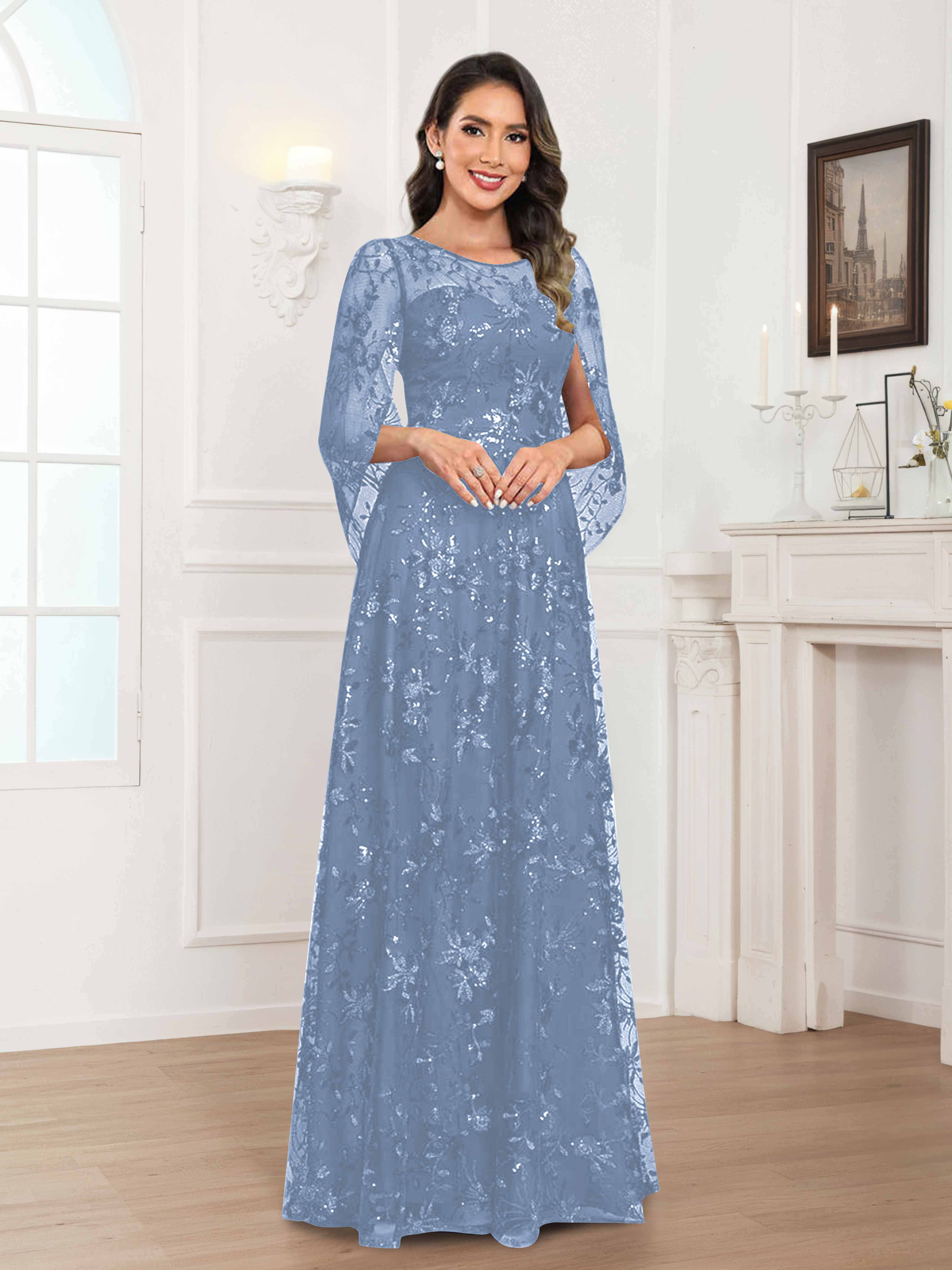 Robes Mère De La Mariée En Mousseline À Col Rond Pailleté Dentelle Quenella