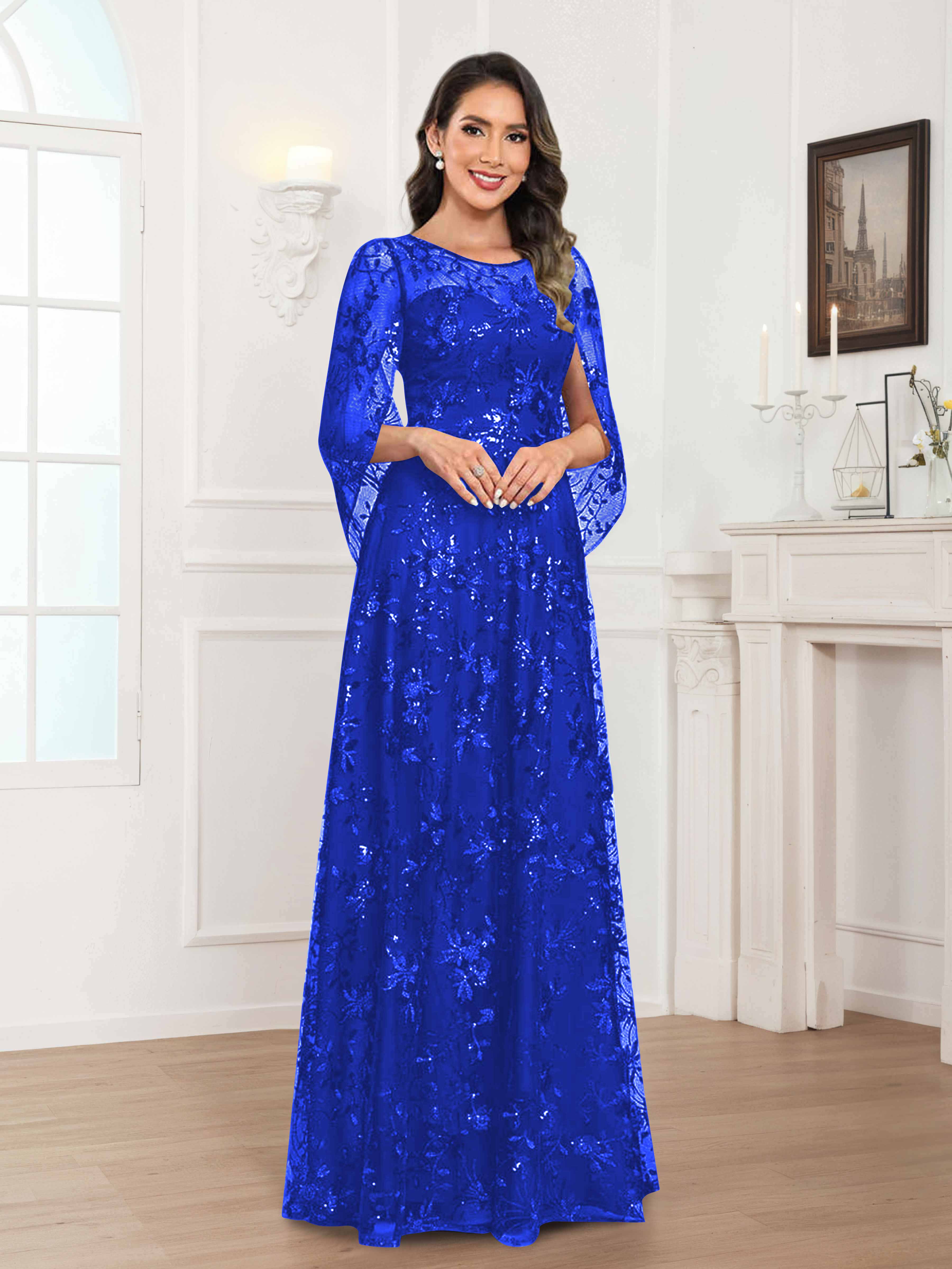 Robes Mère De La Mariée En Mousseline À Col Rond Pailleté Dentelle Quenella