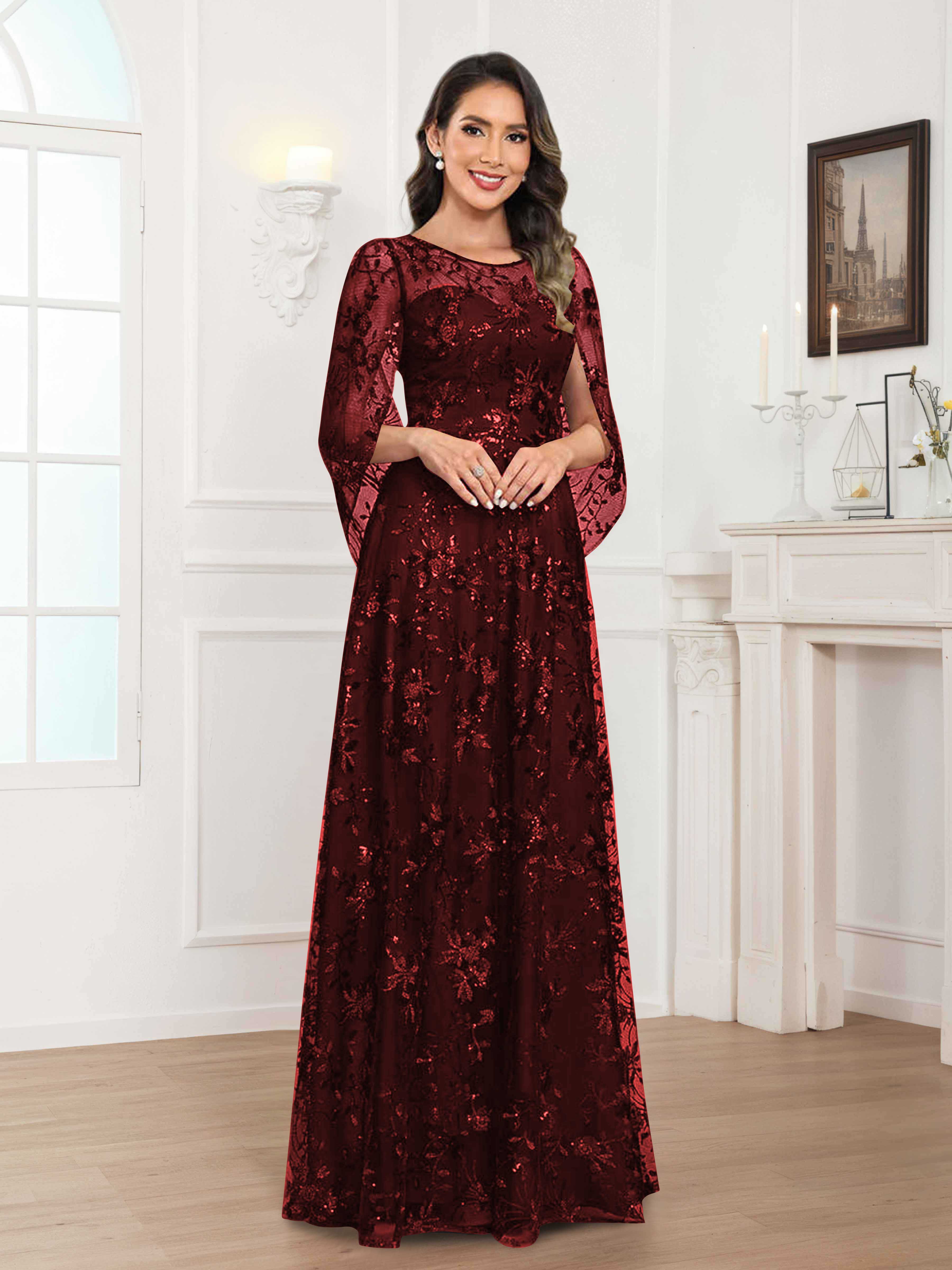 Robes Mère De La Mariée En Mousseline À Col Rond Pailleté Dentelle Quenella