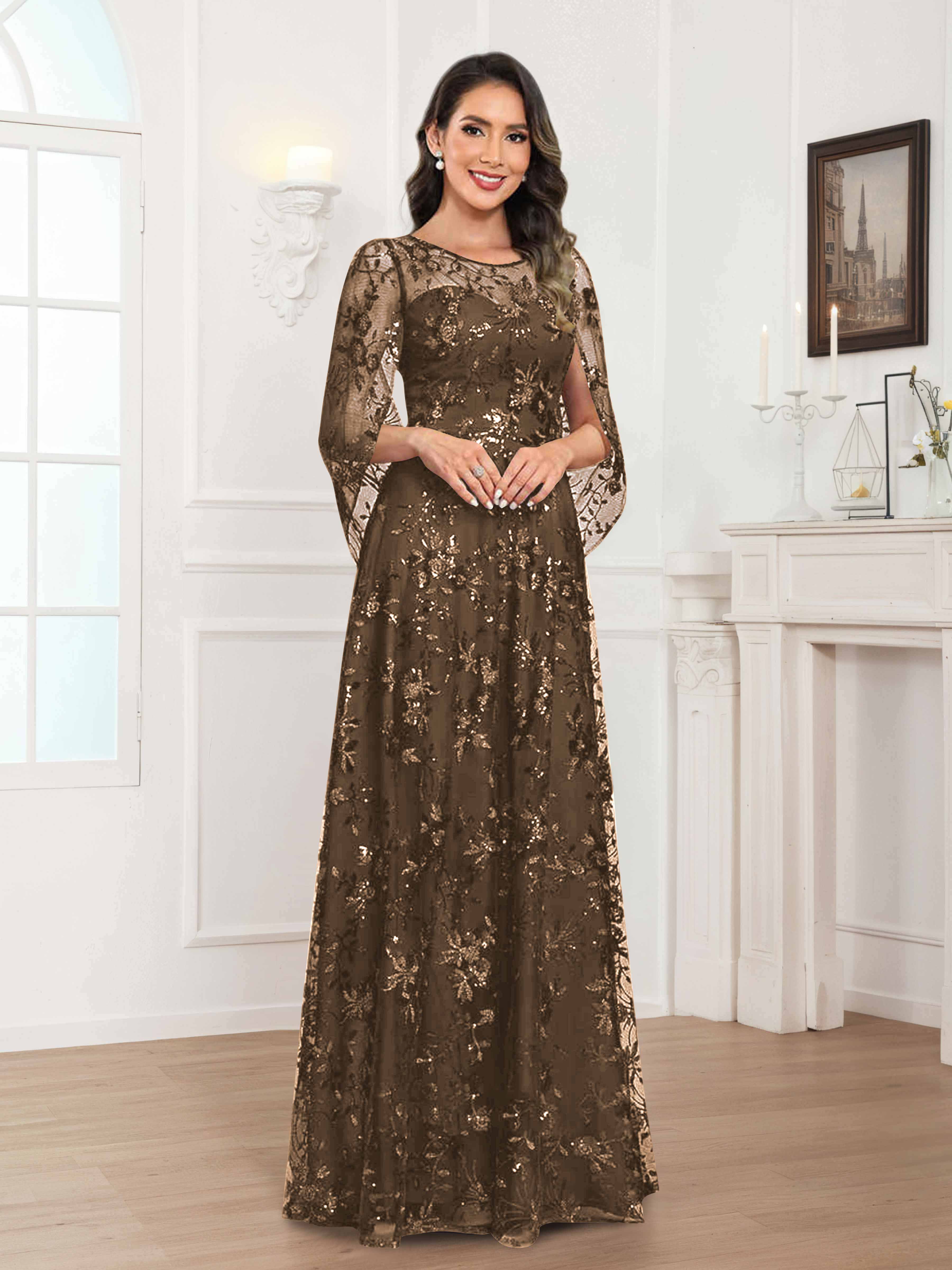 Robes Mère De La Mariée En Mousseline À Col Rond Pailleté Dentelle Quenella