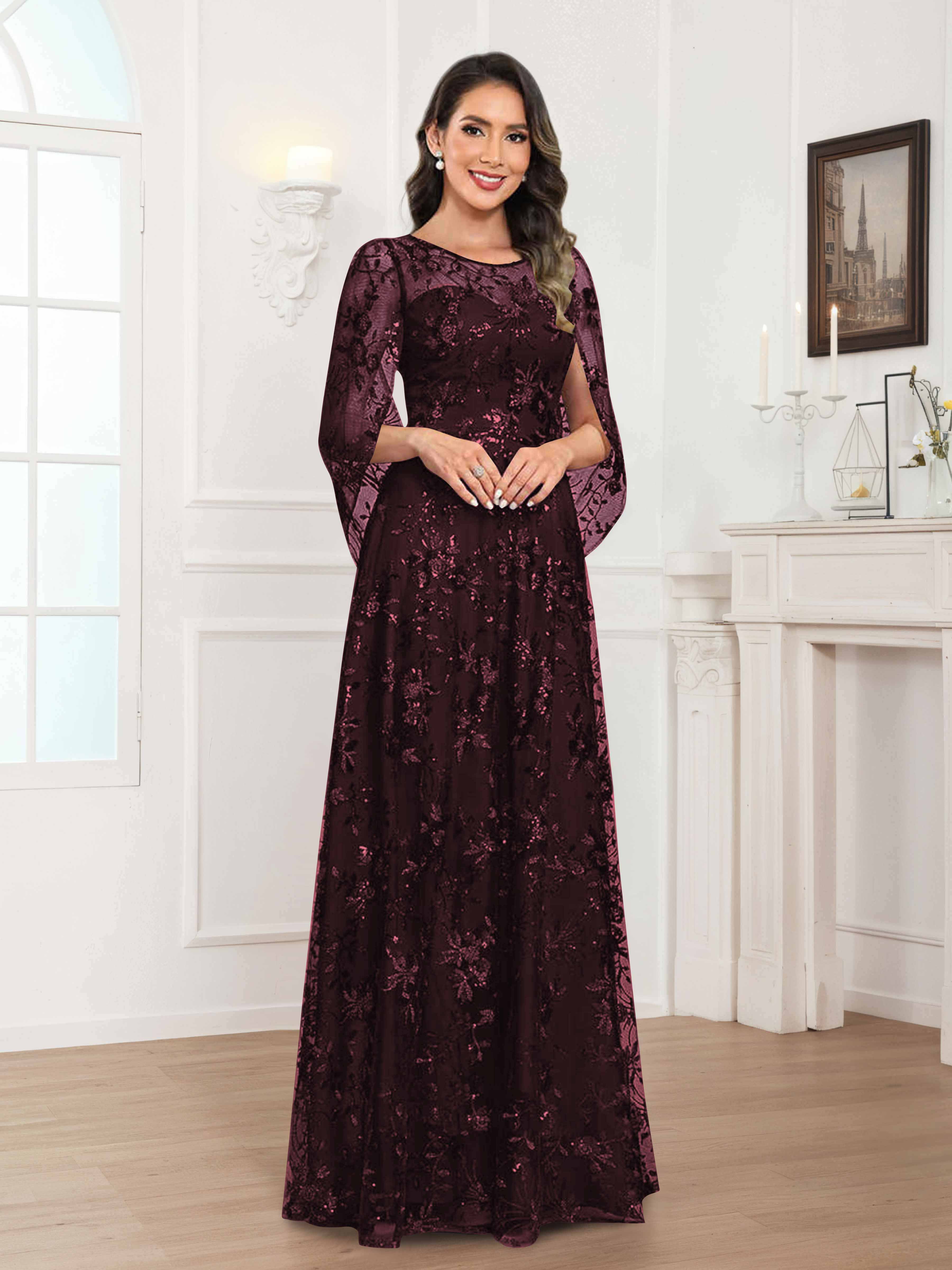 Robes Mère De La Mariée En Mousseline À Col Rond Pailleté Dentelle Quenella