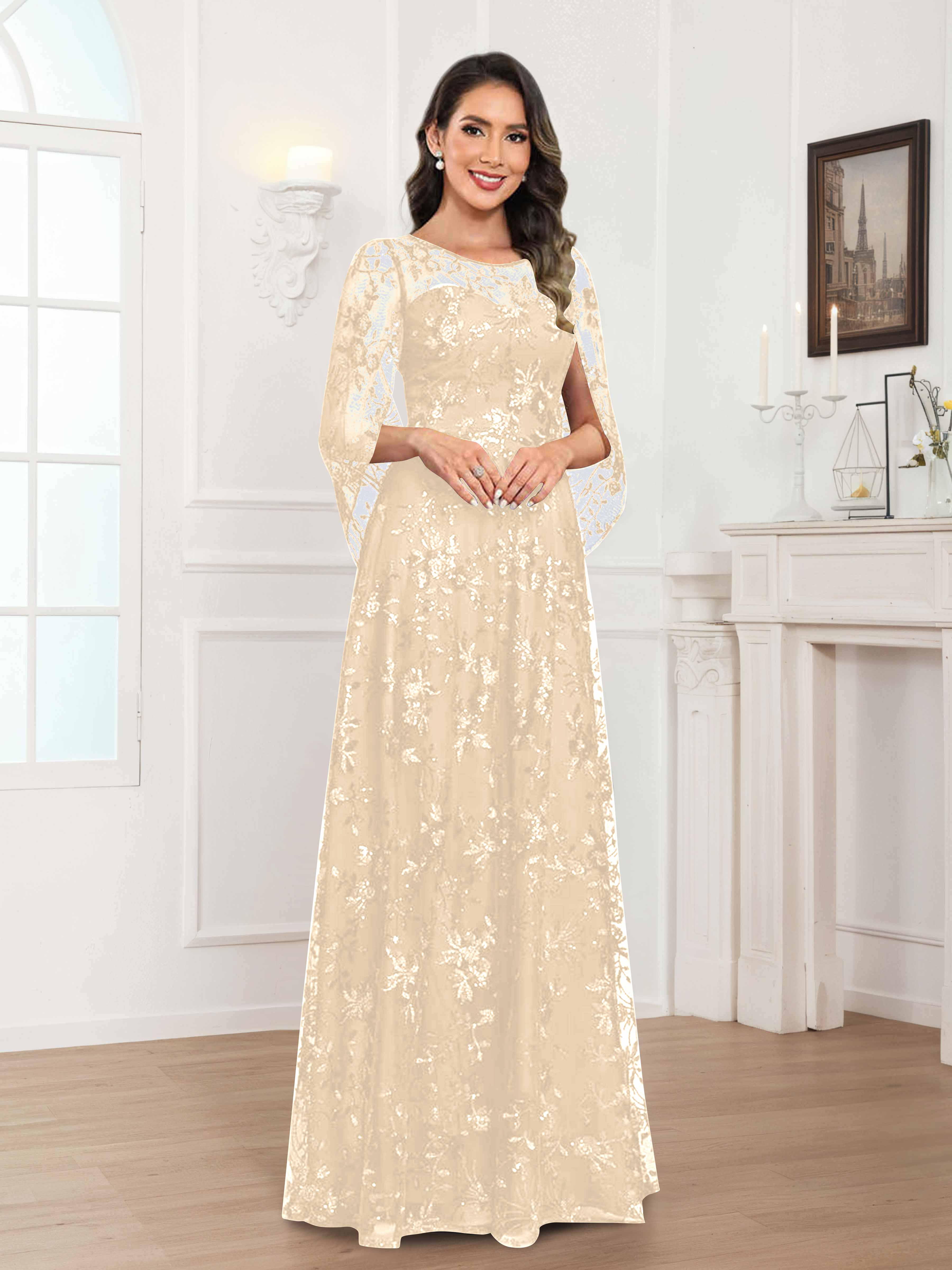 Robes Mère De La Mariée En Mousseline À Col Rond Pailleté Dentelle Quenella
