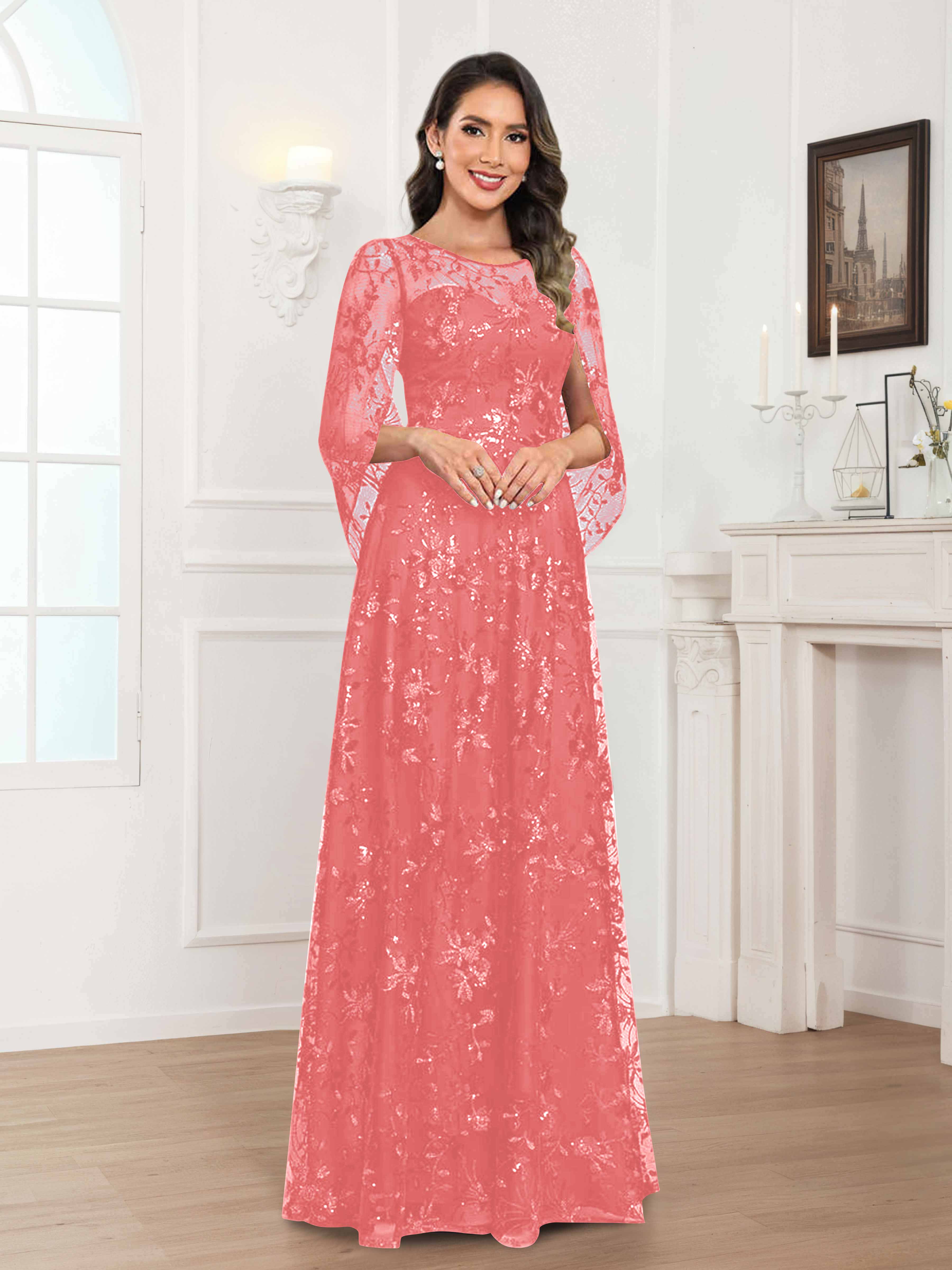 Robes Mère De La Mariée En Mousseline À Col Rond Pailleté Dentelle Quenella