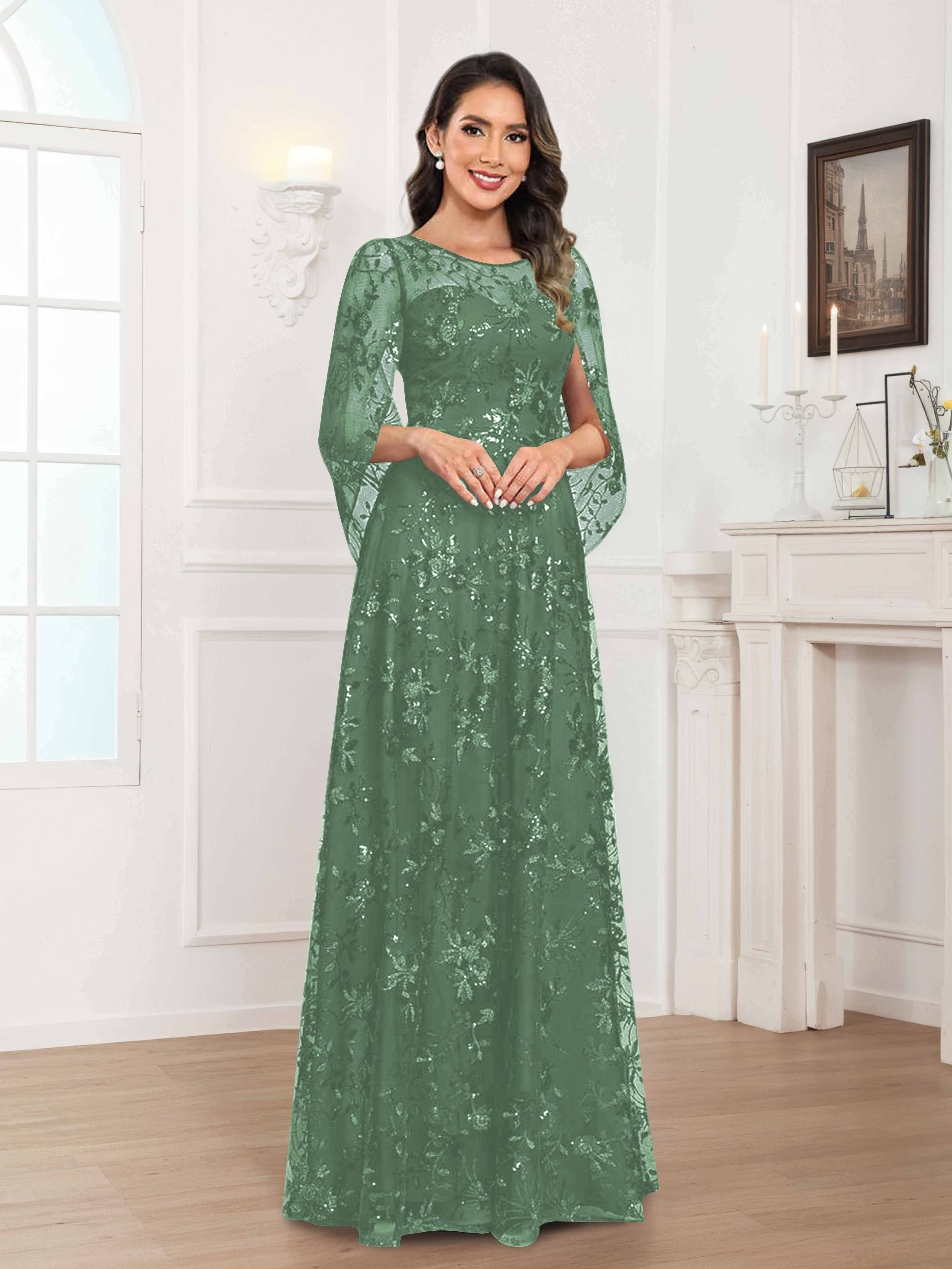 Robes Mère De La Mariée En Mousseline À Col Rond Pailleté Dentelle Quenella