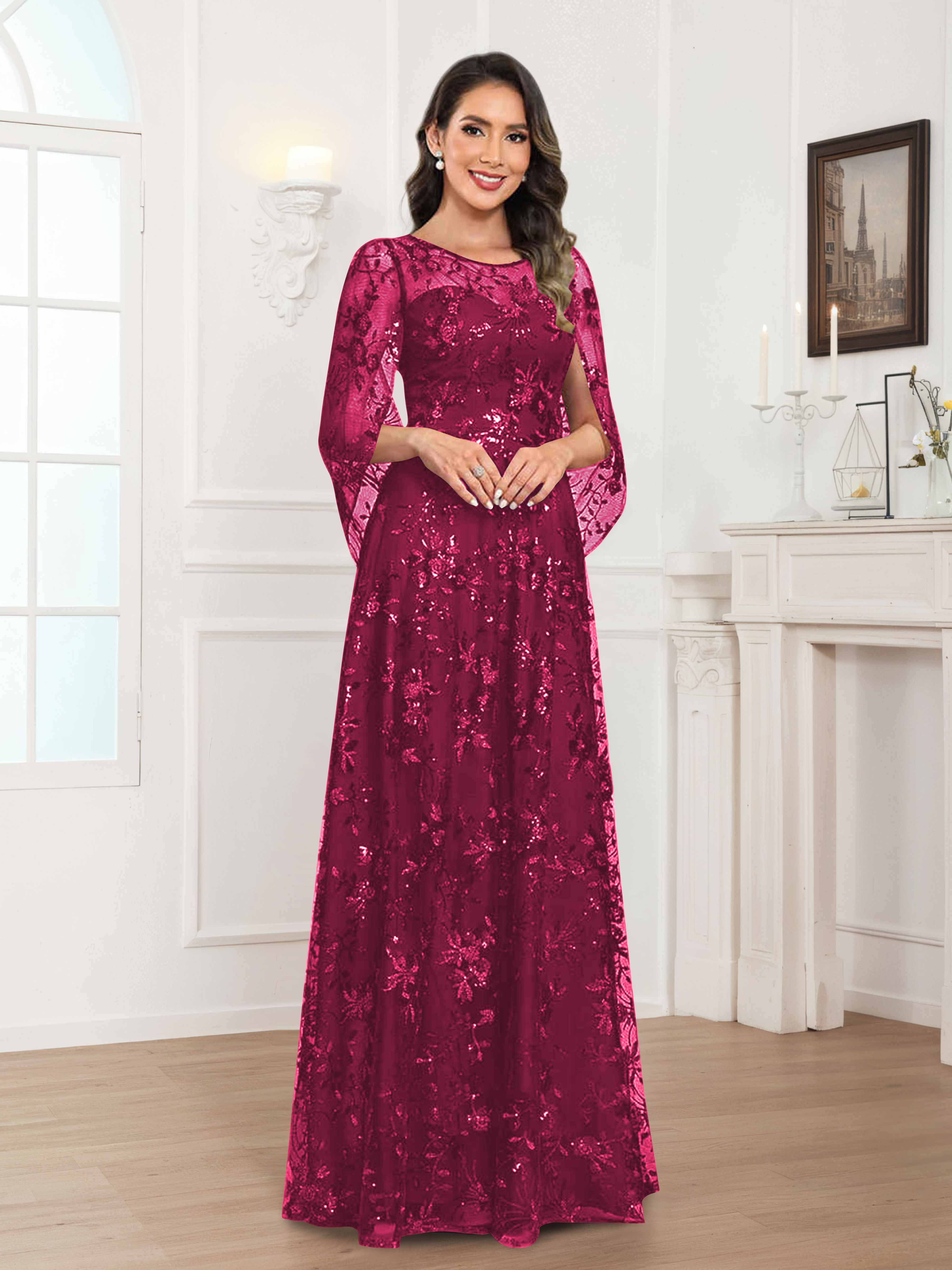 Robes Mère De La Mariée En Mousseline À Col Rond Pailleté Dentelle Quenella