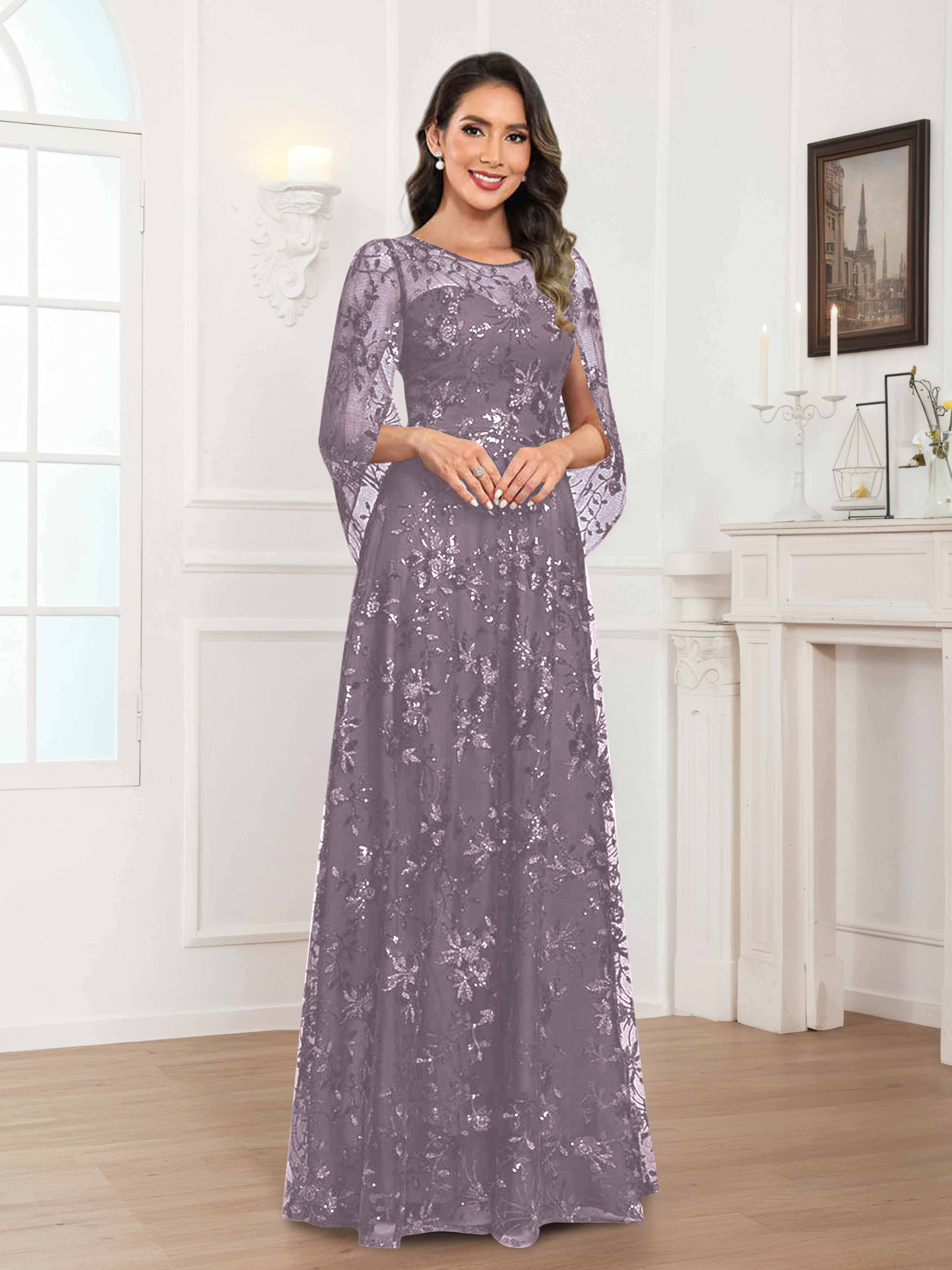 Robes Mère De La Mariée En Mousseline À Col Rond Pailleté Dentelle Quenella