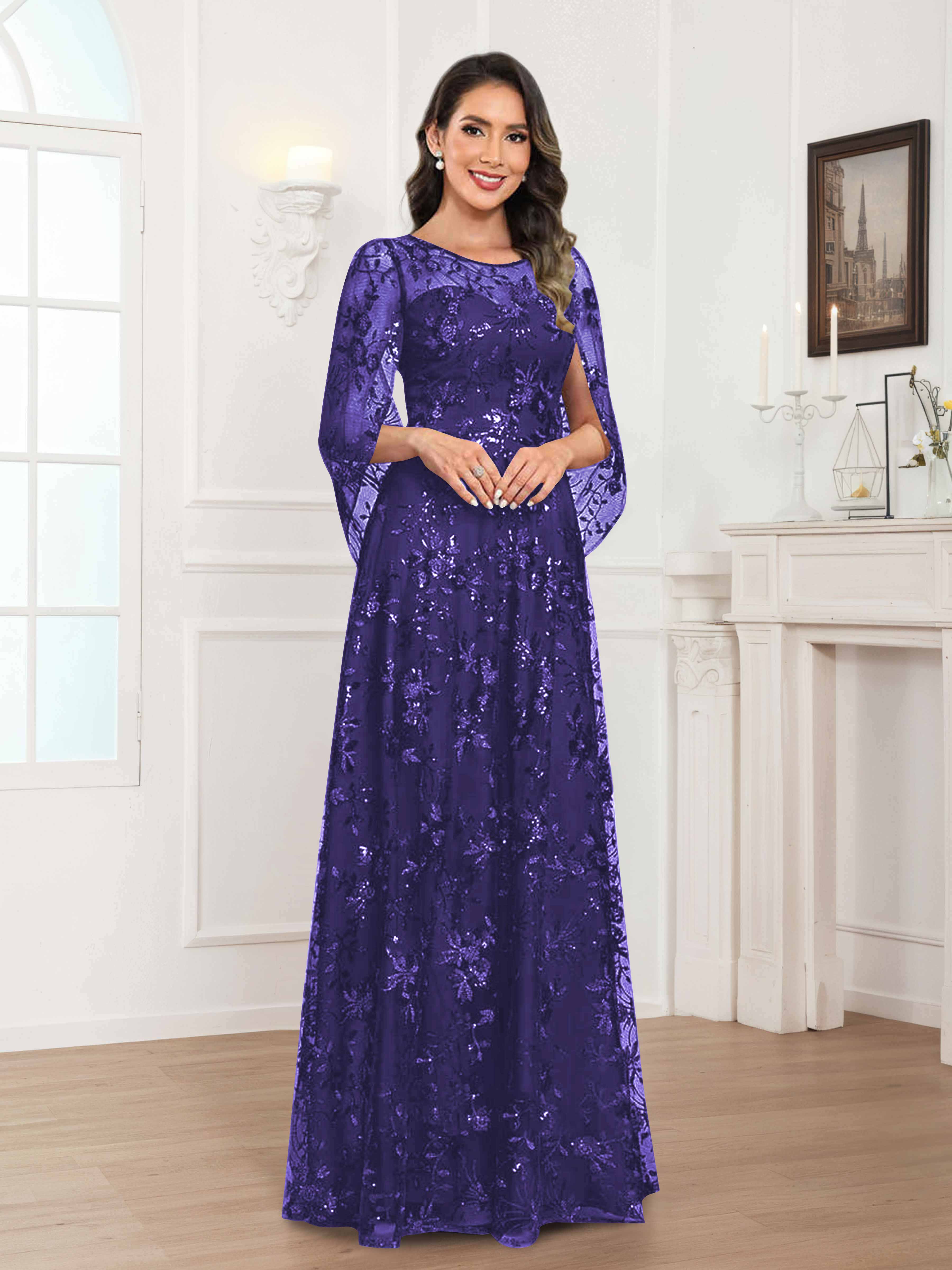 Robes Mère De La Mariée En Mousseline À Col Rond Pailleté Dentelle Quenella
