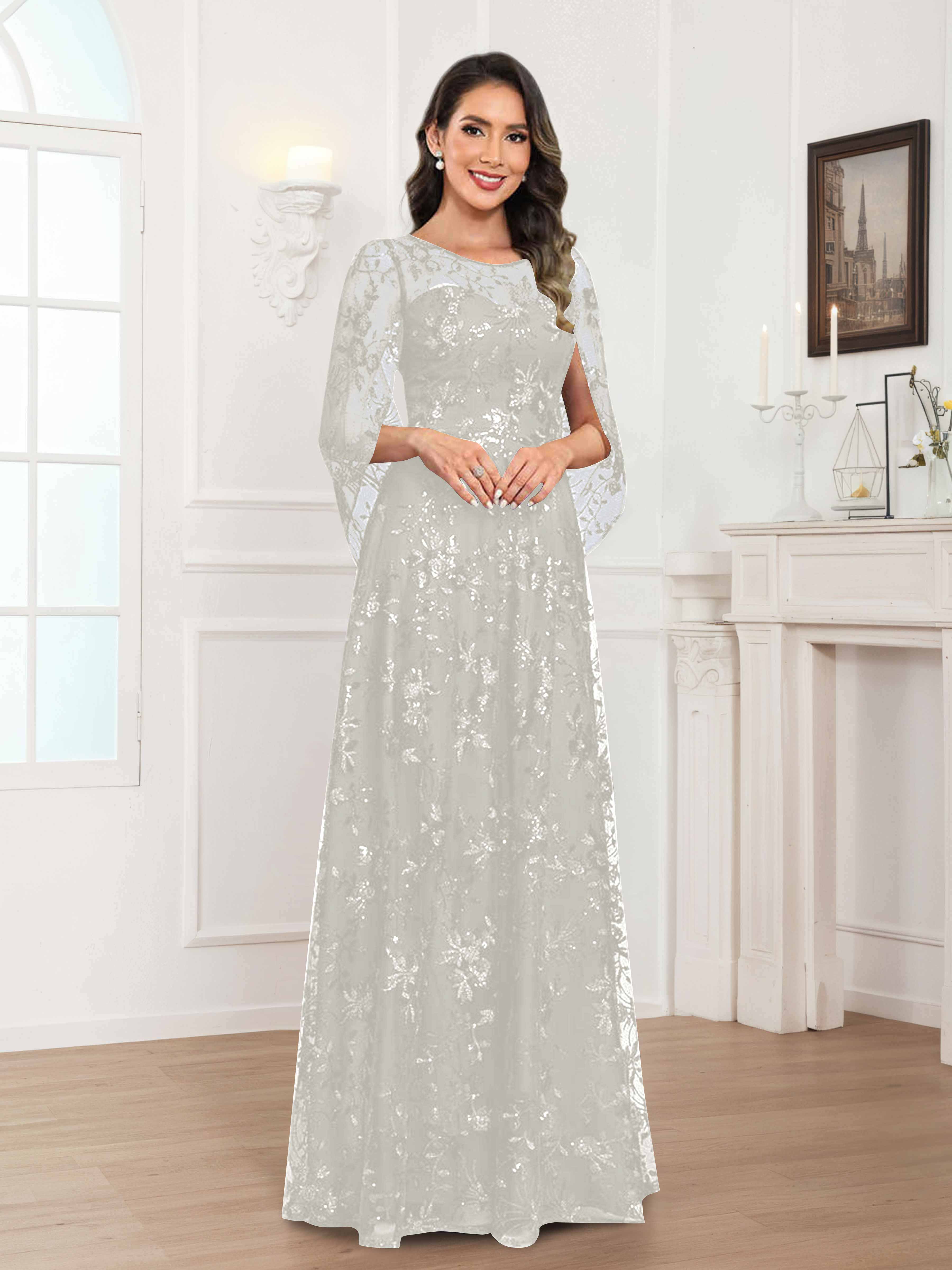 Robes Mère De La Mariée En Mousseline À Col Rond Pailleté Dentelle Quenella