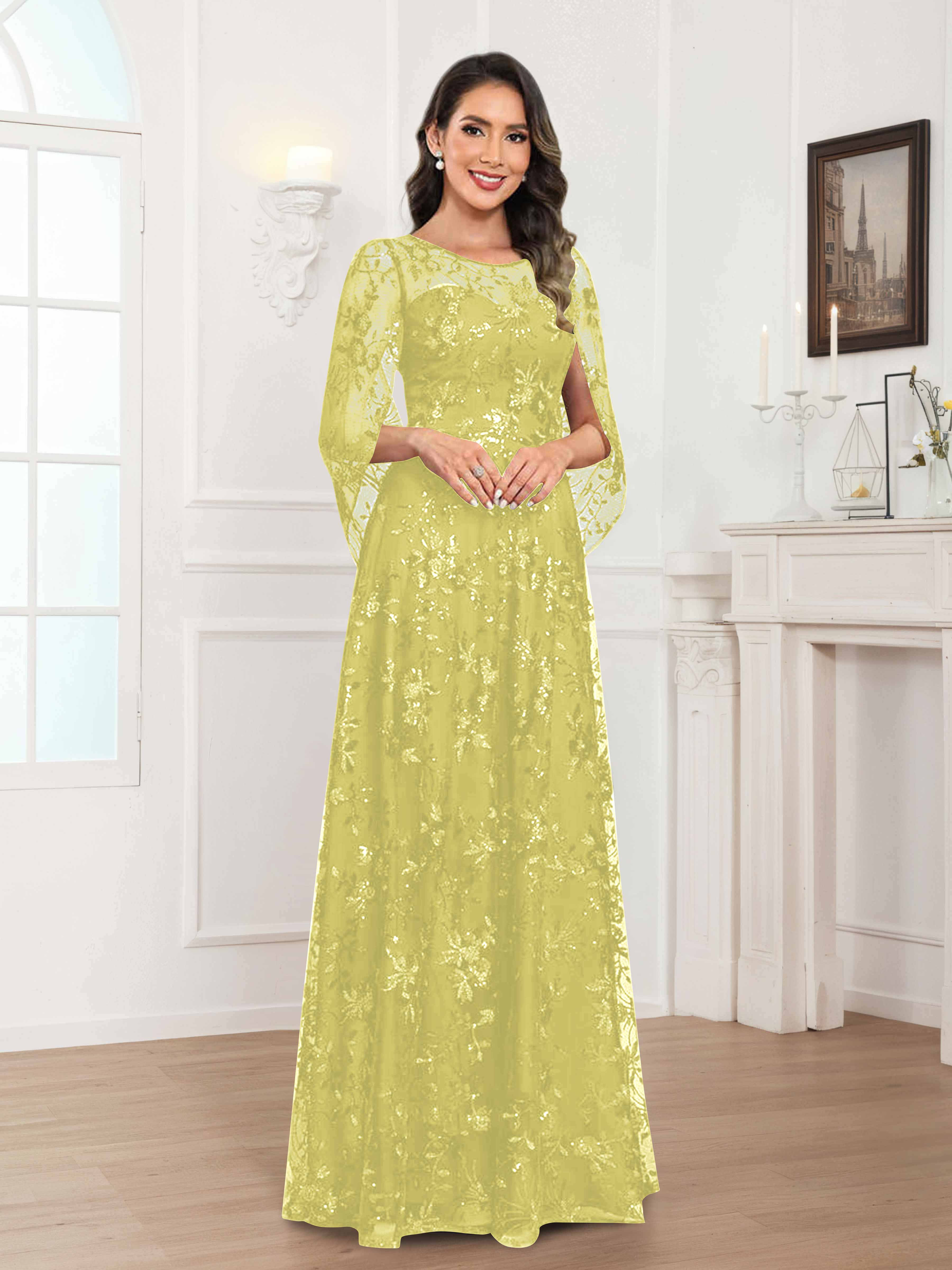Robes Mère De La Mariée En Mousseline À Col Rond Pailleté Dentelle Quenella