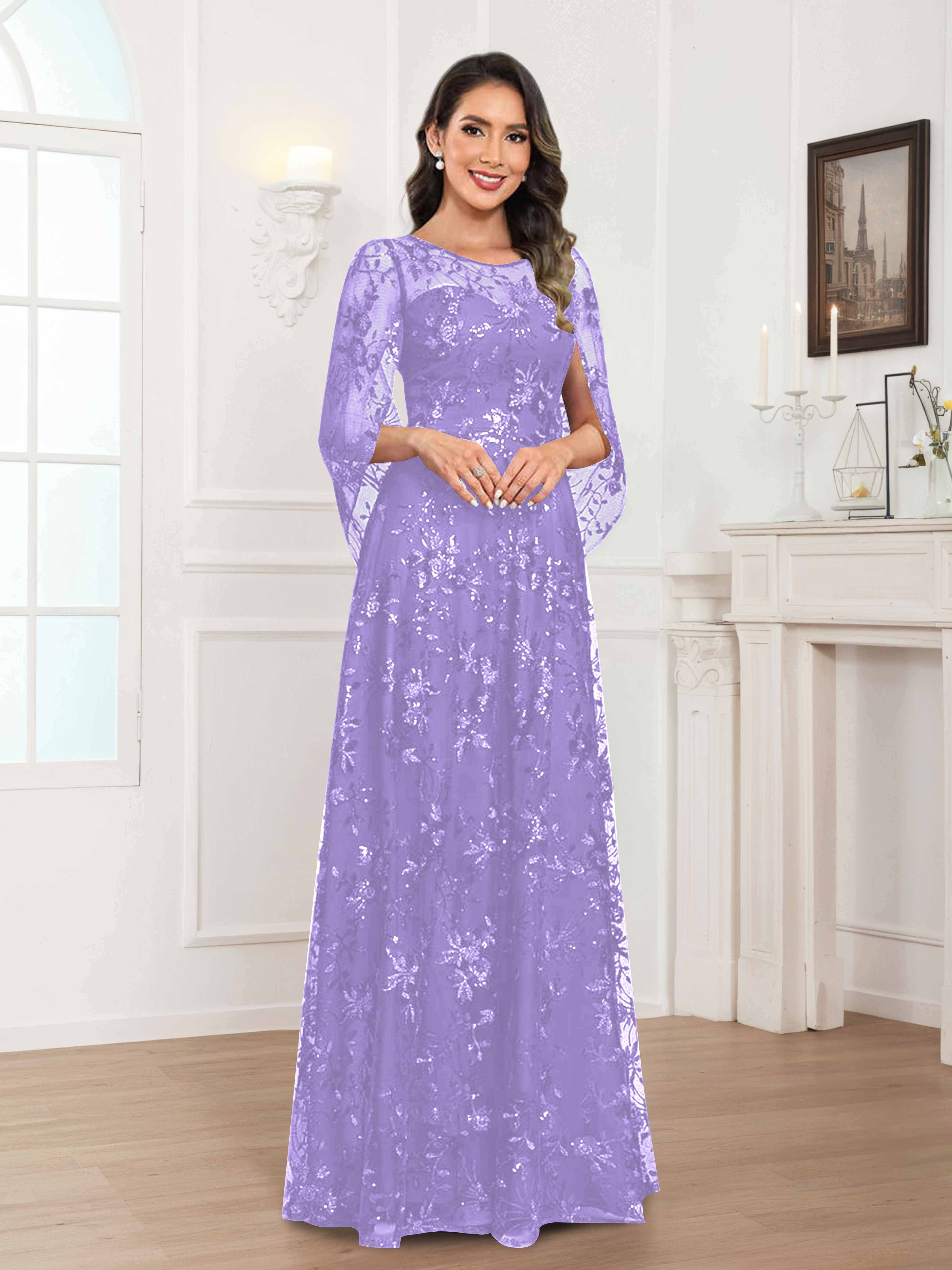 Robes Mère De La Mariée En Mousseline À Col Rond Pailleté Dentelle Quenella