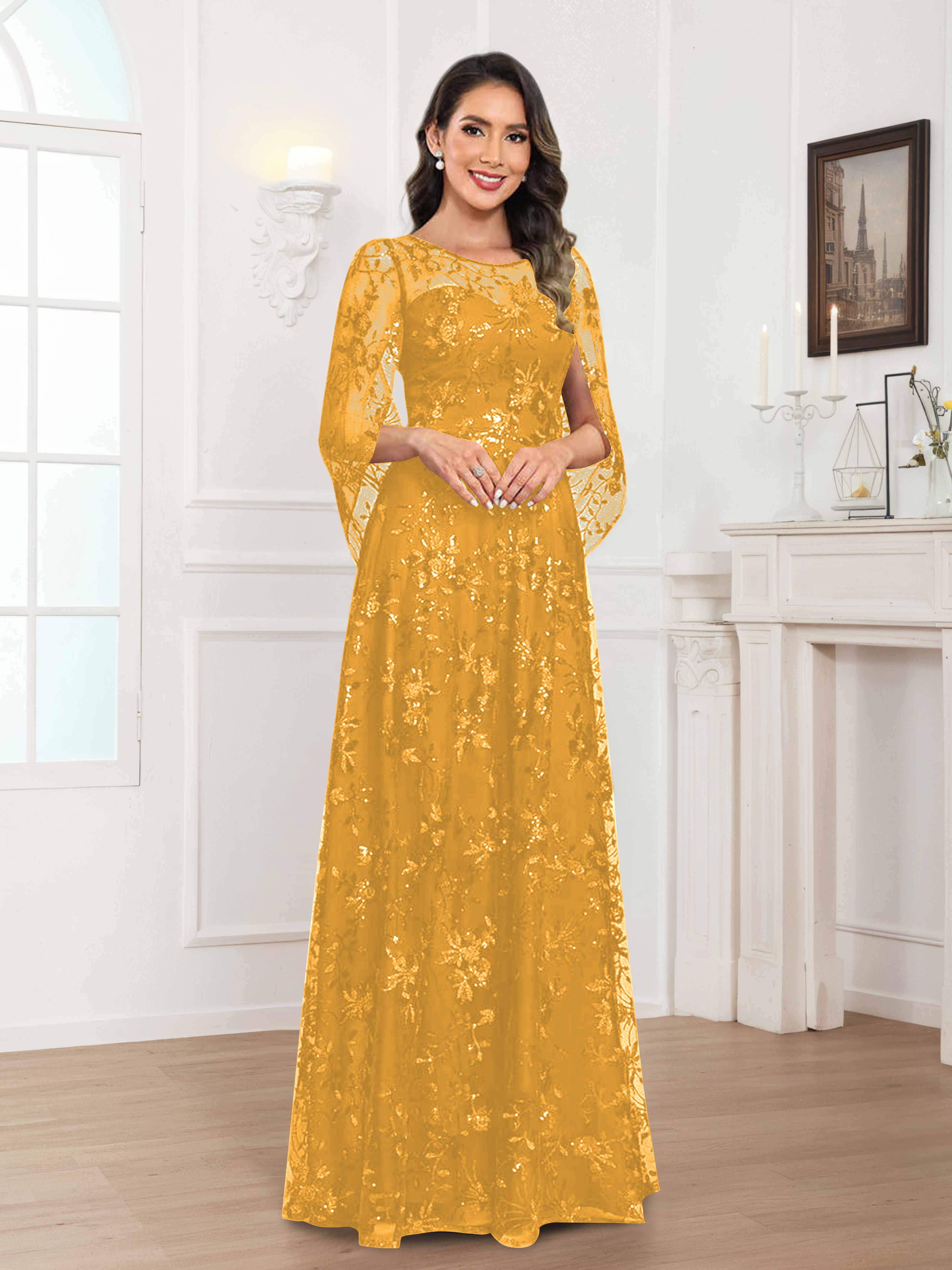 Robes Mère De La Mariée En Mousseline À Col Rond Pailleté Dentelle Quenella