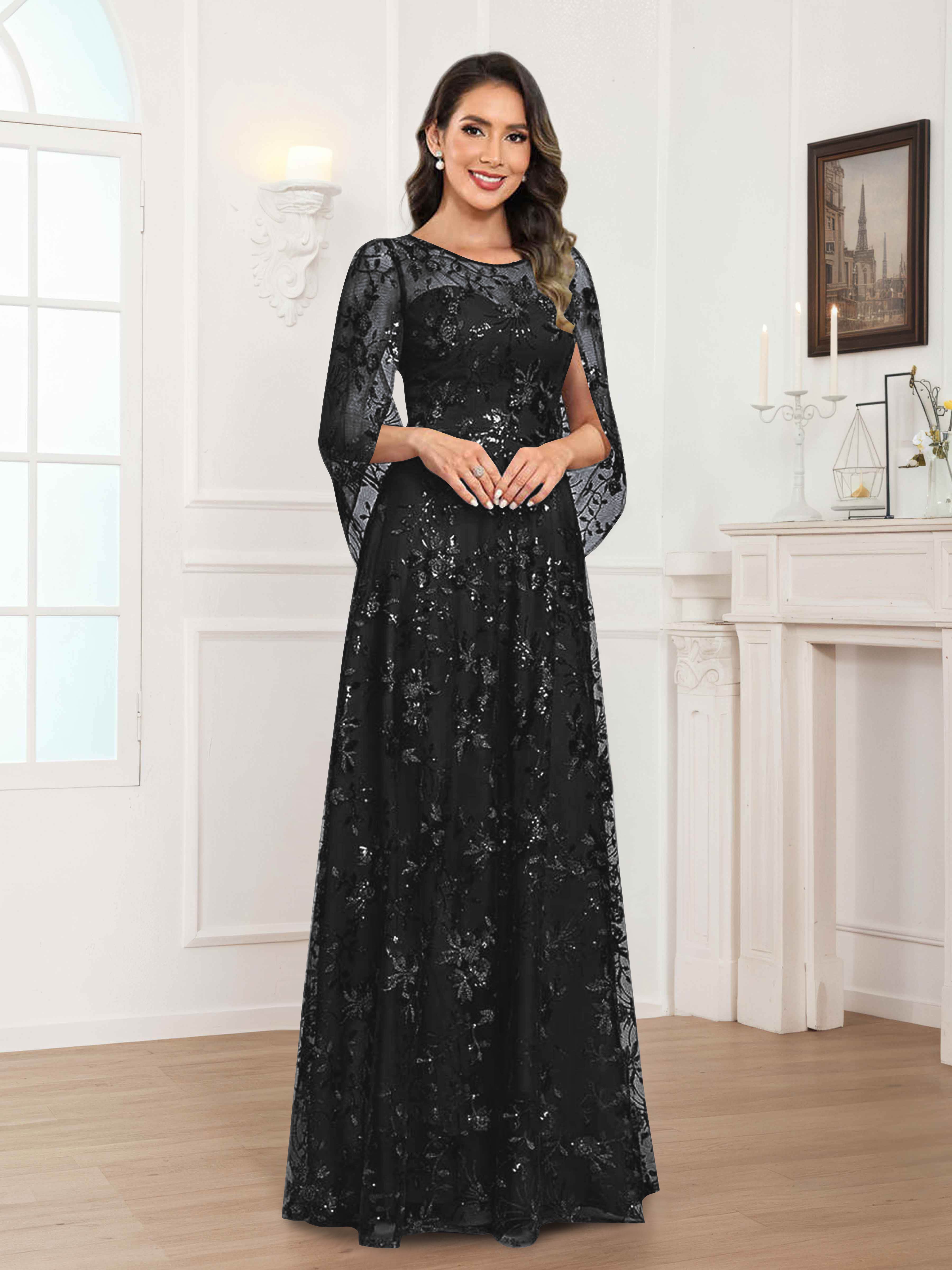 Robes Mère De La Mariée En Mousseline À Col Rond Pailleté Dentelle Quenella