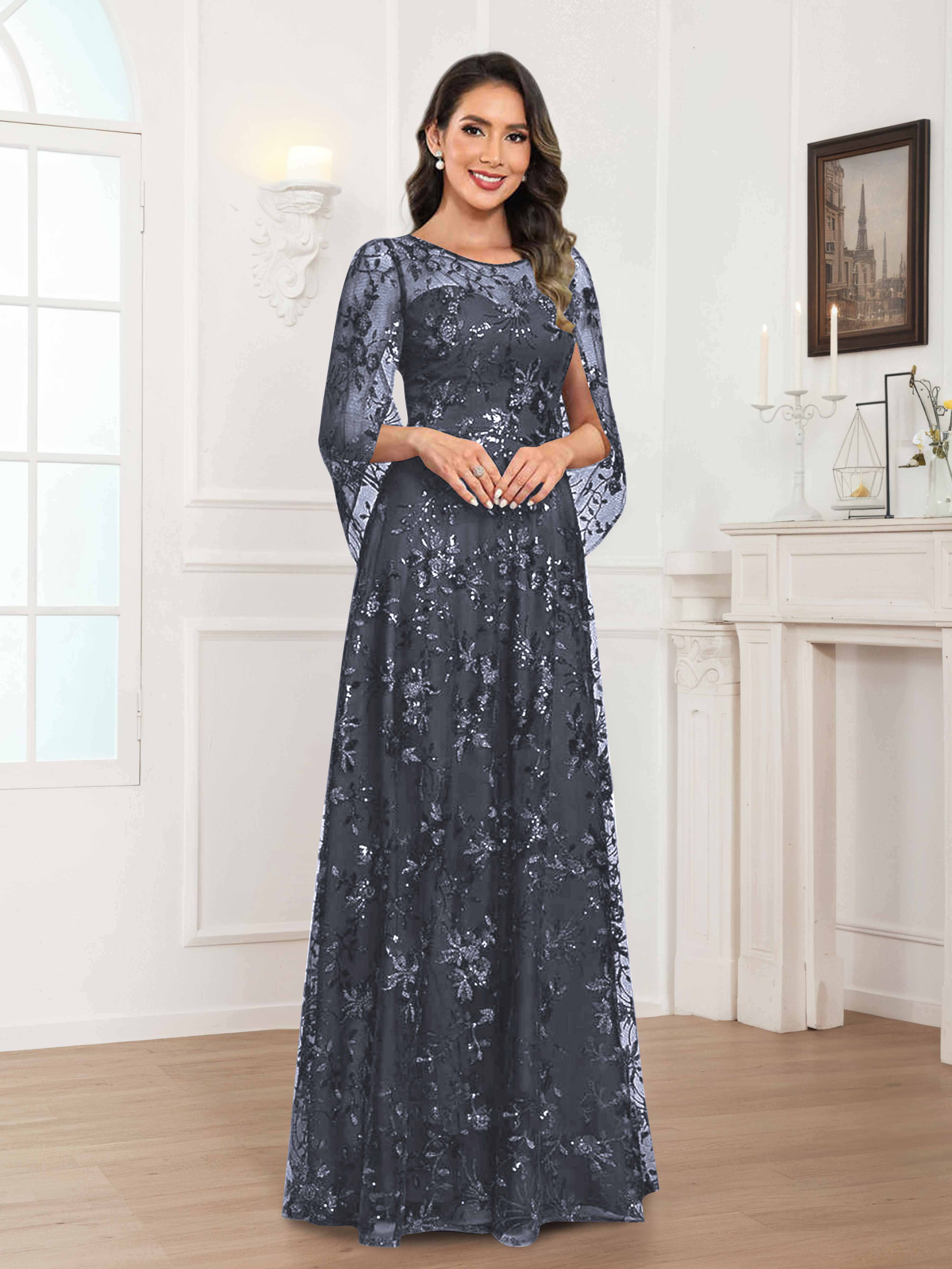 Robes Mère De La Mariée En Mousseline À Col Rond Pailleté Dentelle Quenella