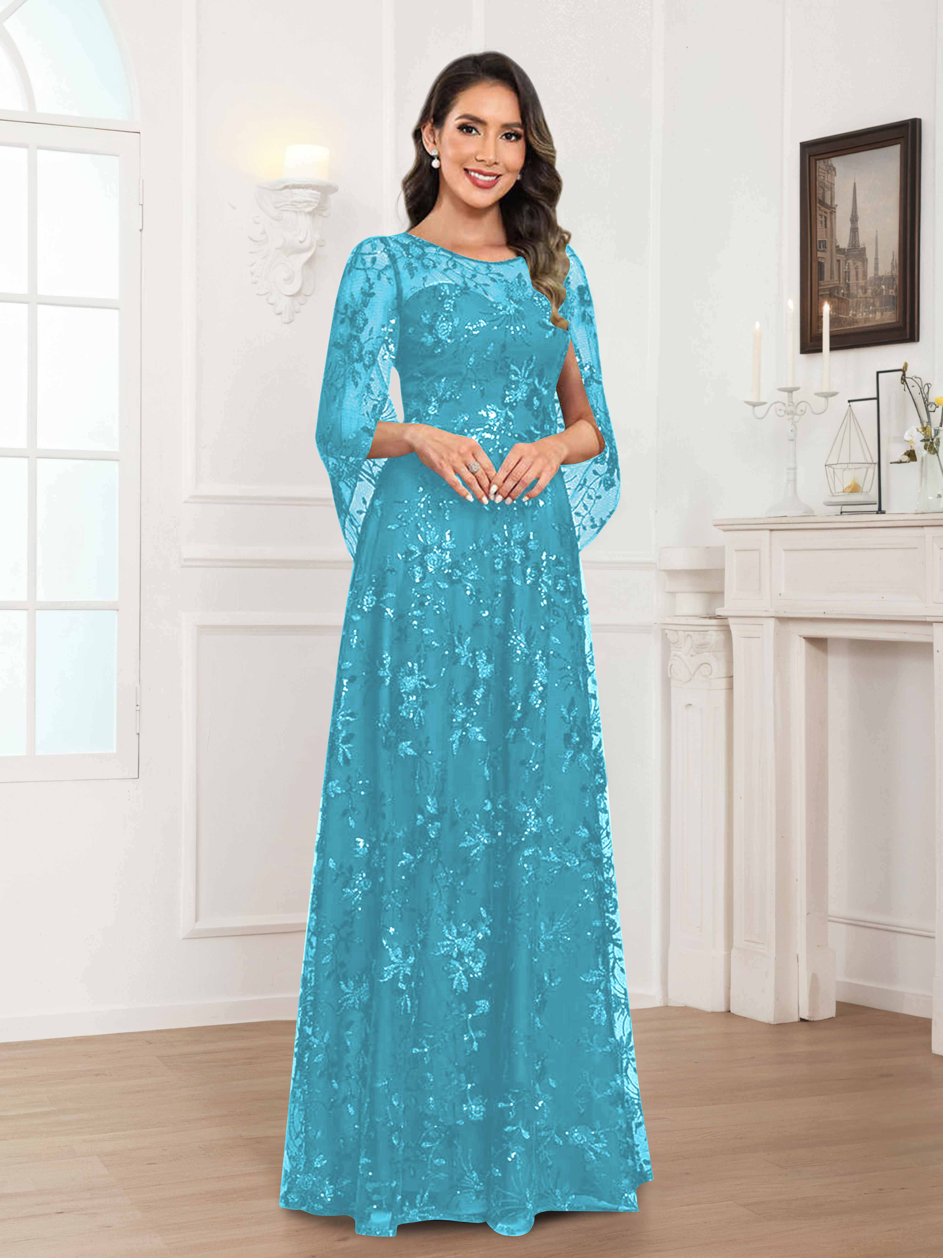 Robes Mère De La Mariée En Mousseline À Col Rond Pailleté Dentelle Quenella