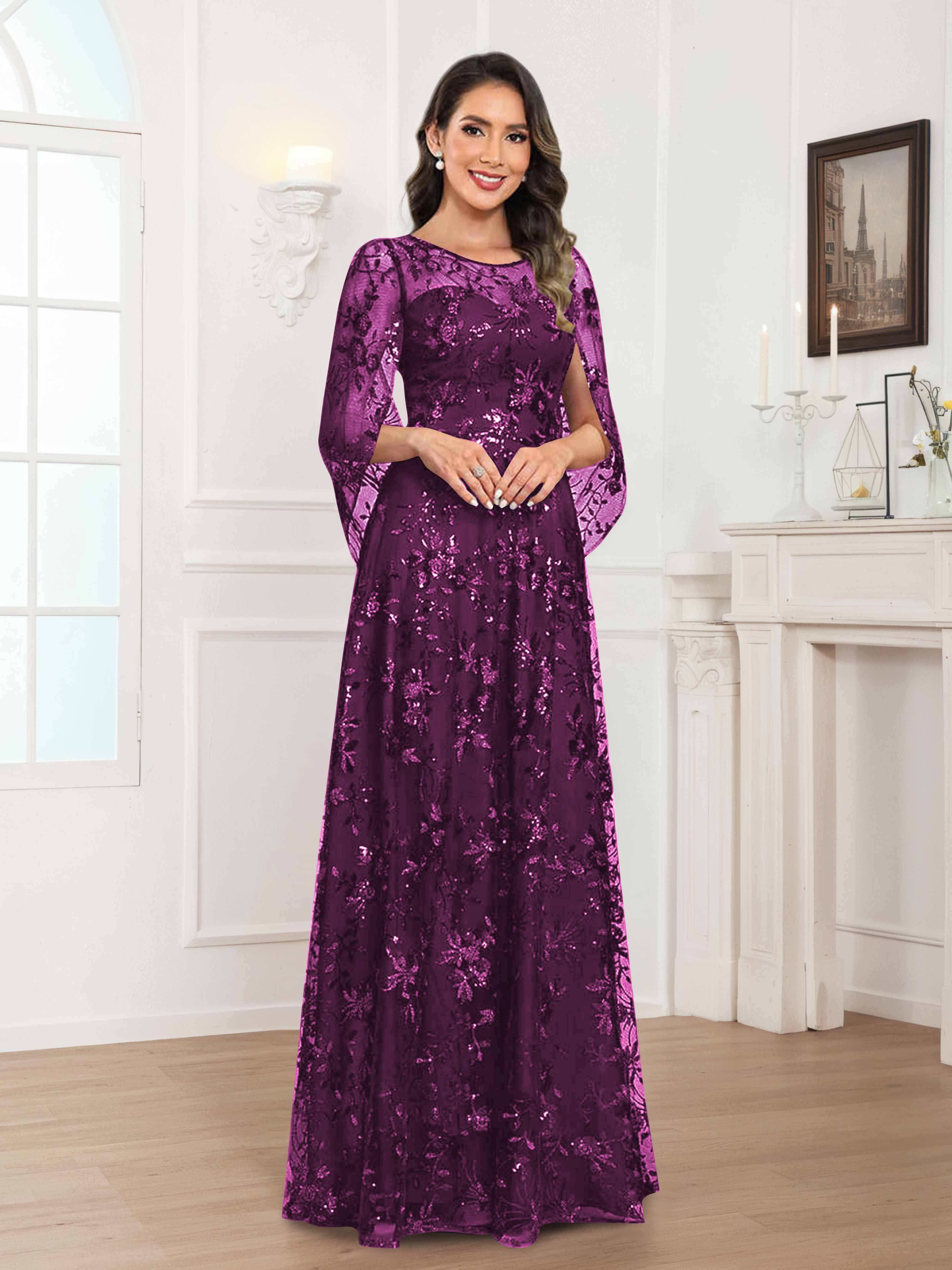 Robes Mère De La Mariée En Mousseline À Col Rond Pailleté Dentelle Quenella