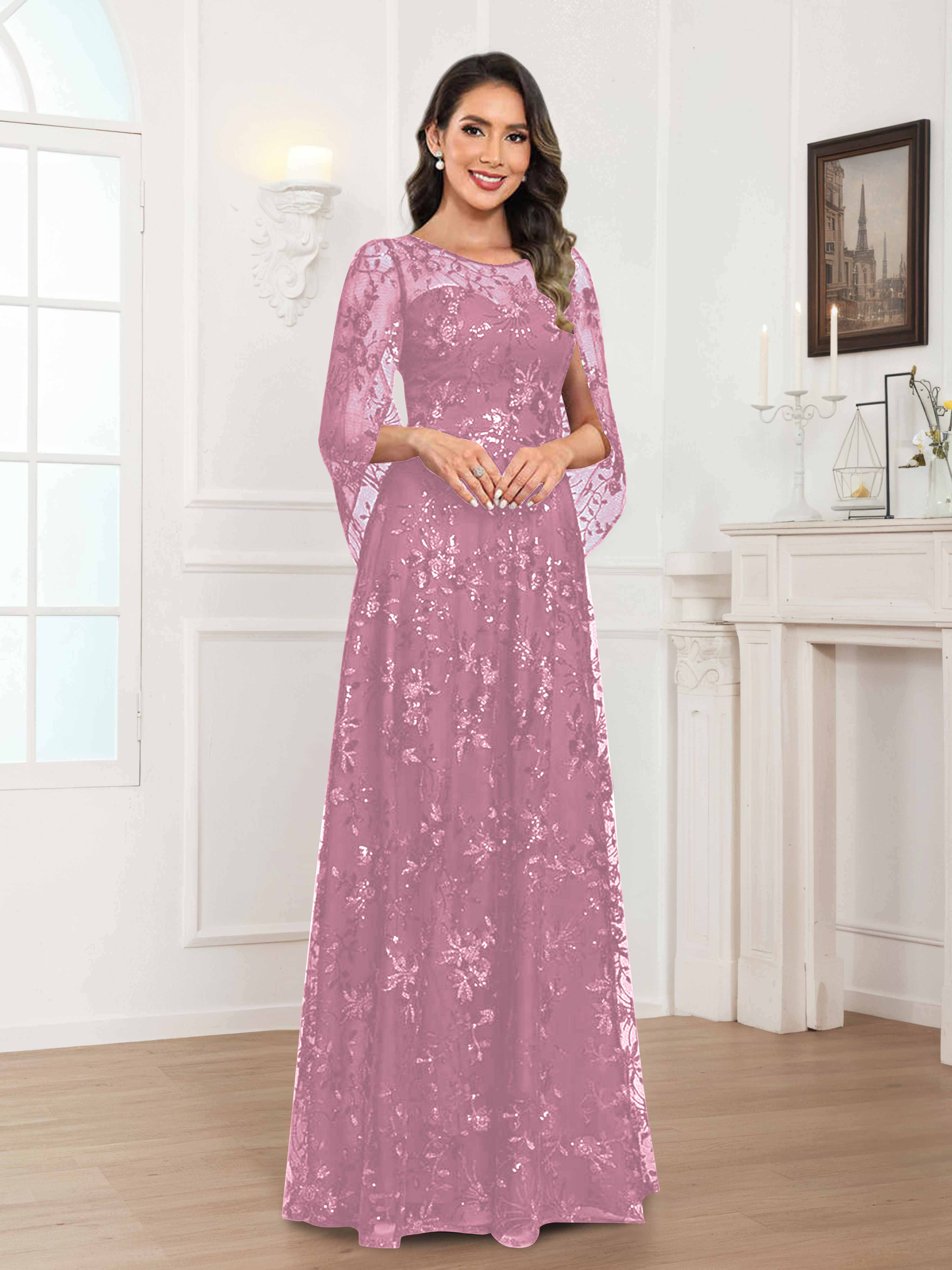Robes Mère De La Mariée En Mousseline À Col Rond Pailleté Dentelle Quenella