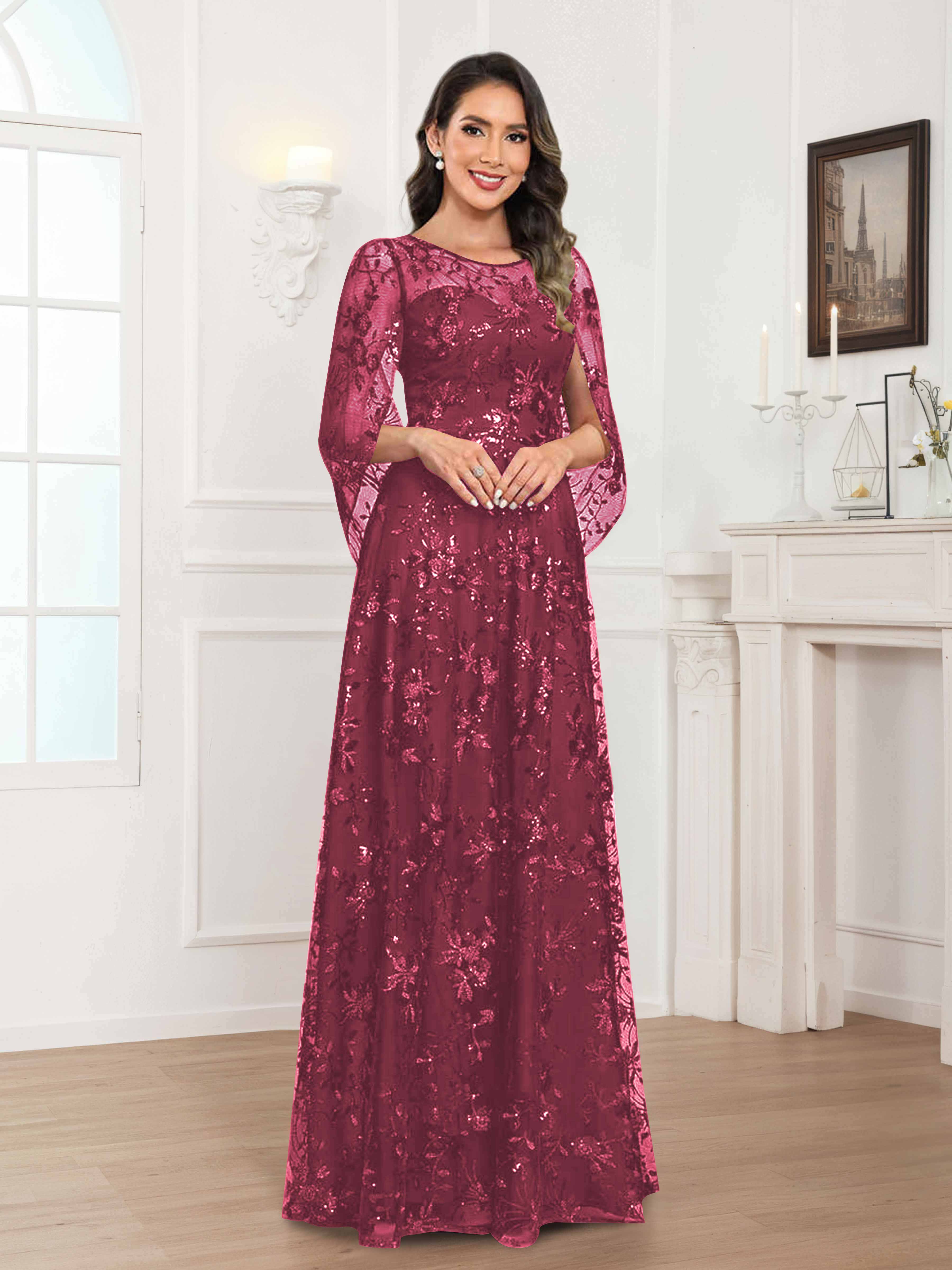 Robes Mère De La Mariée En Mousseline À Col Rond Pailleté Dentelle Quenella
