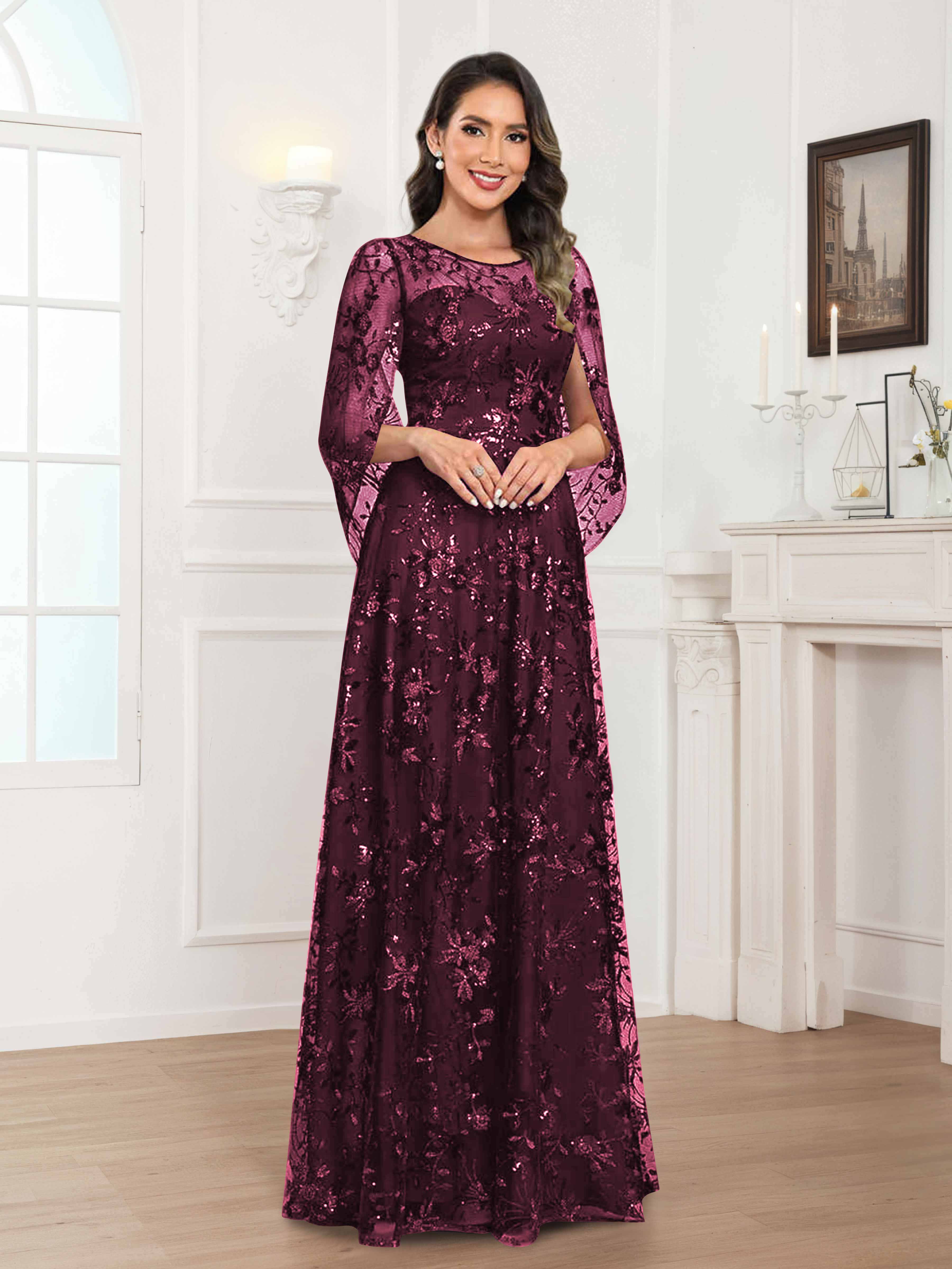 Robes Mère De La Mariée En Mousseline À Col Rond Pailleté Dentelle Quenella