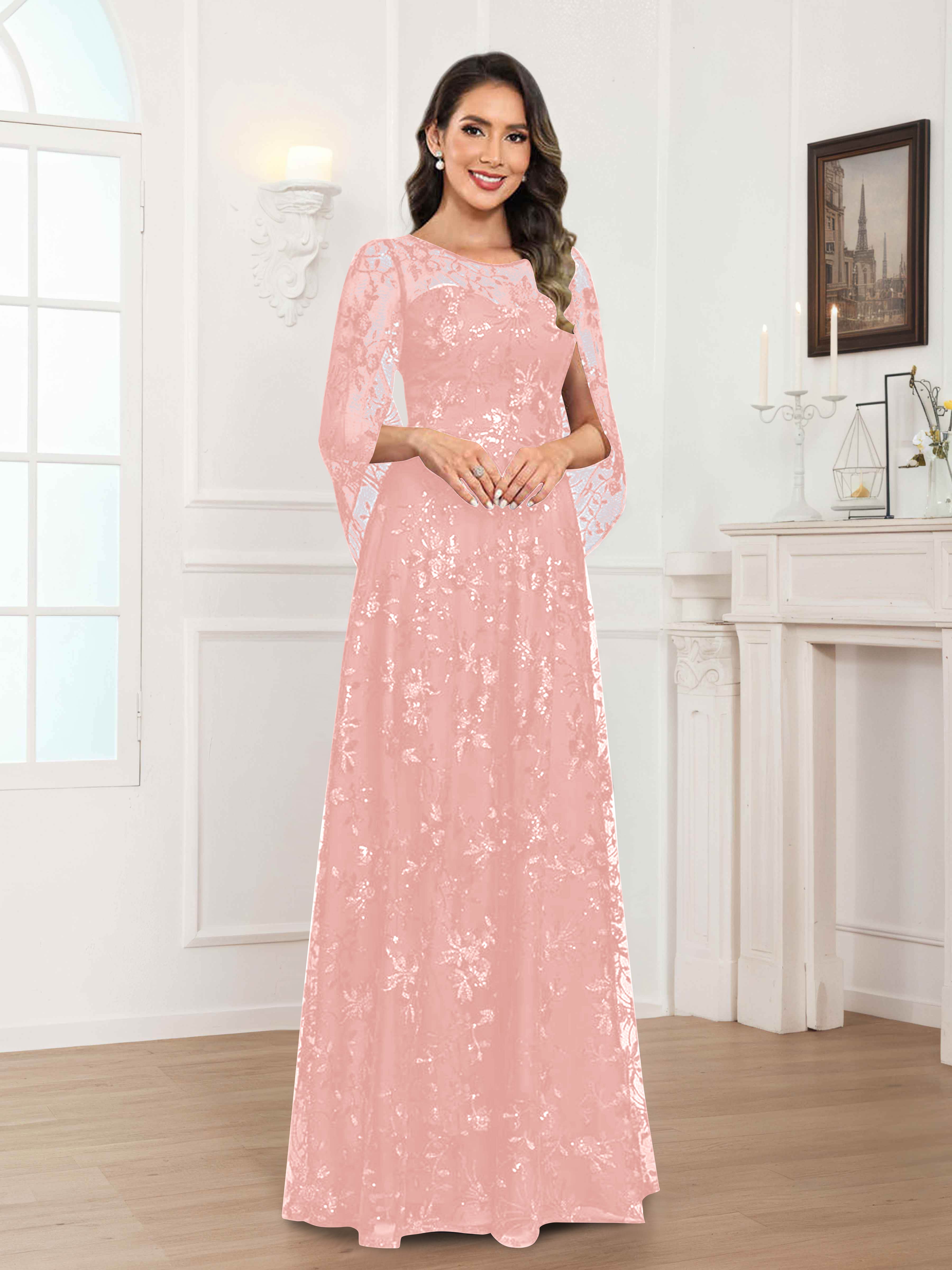Robes Mère De La Mariée En Mousseline À Col Rond Pailleté Dentelle Quenella