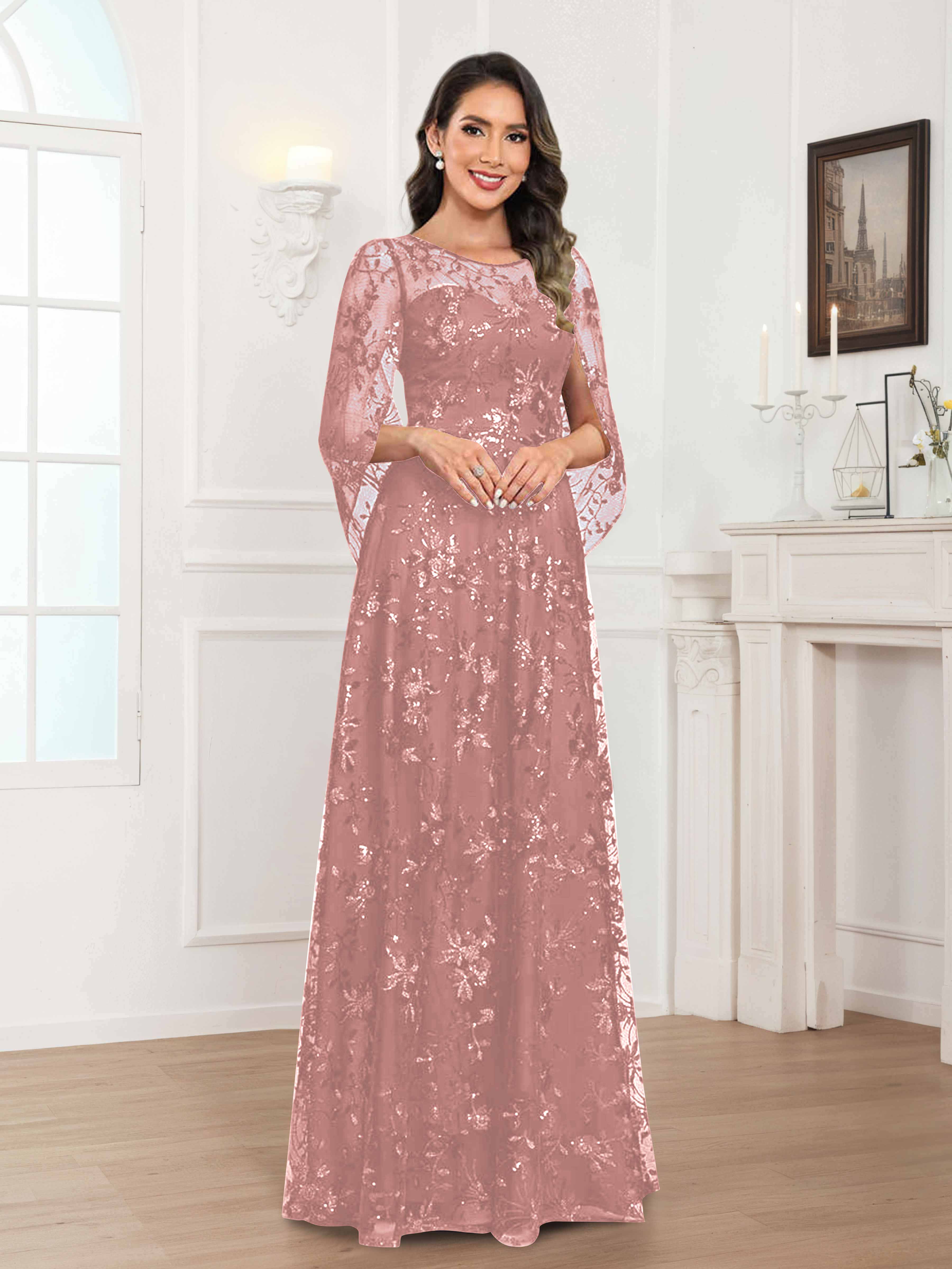Robes Mère De La Mariée En Mousseline À Col Rond Pailleté Dentelle Quenella