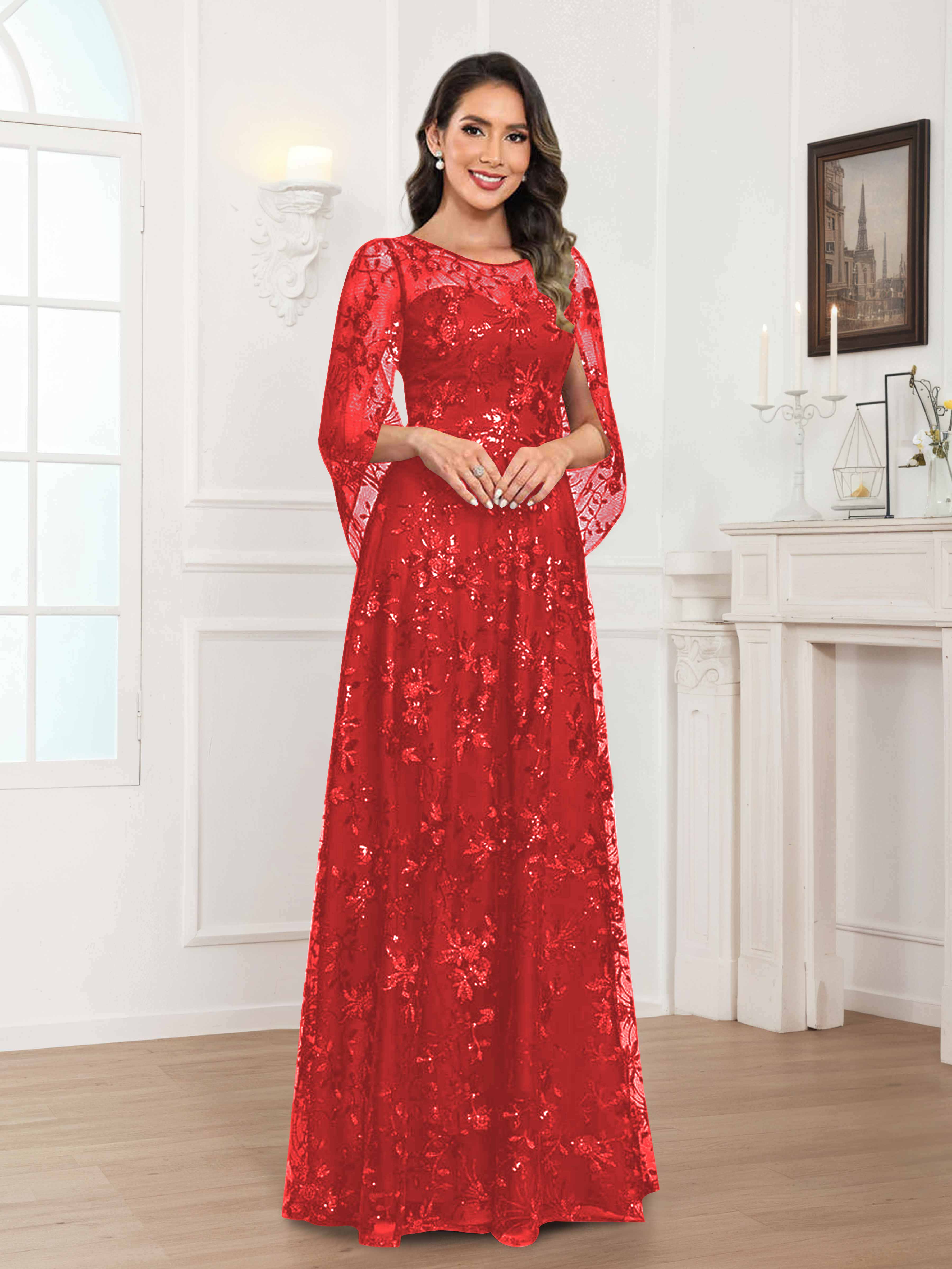 Robes Mère De La Mariée En Mousseline À Col Rond Pailleté Dentelle Quenella