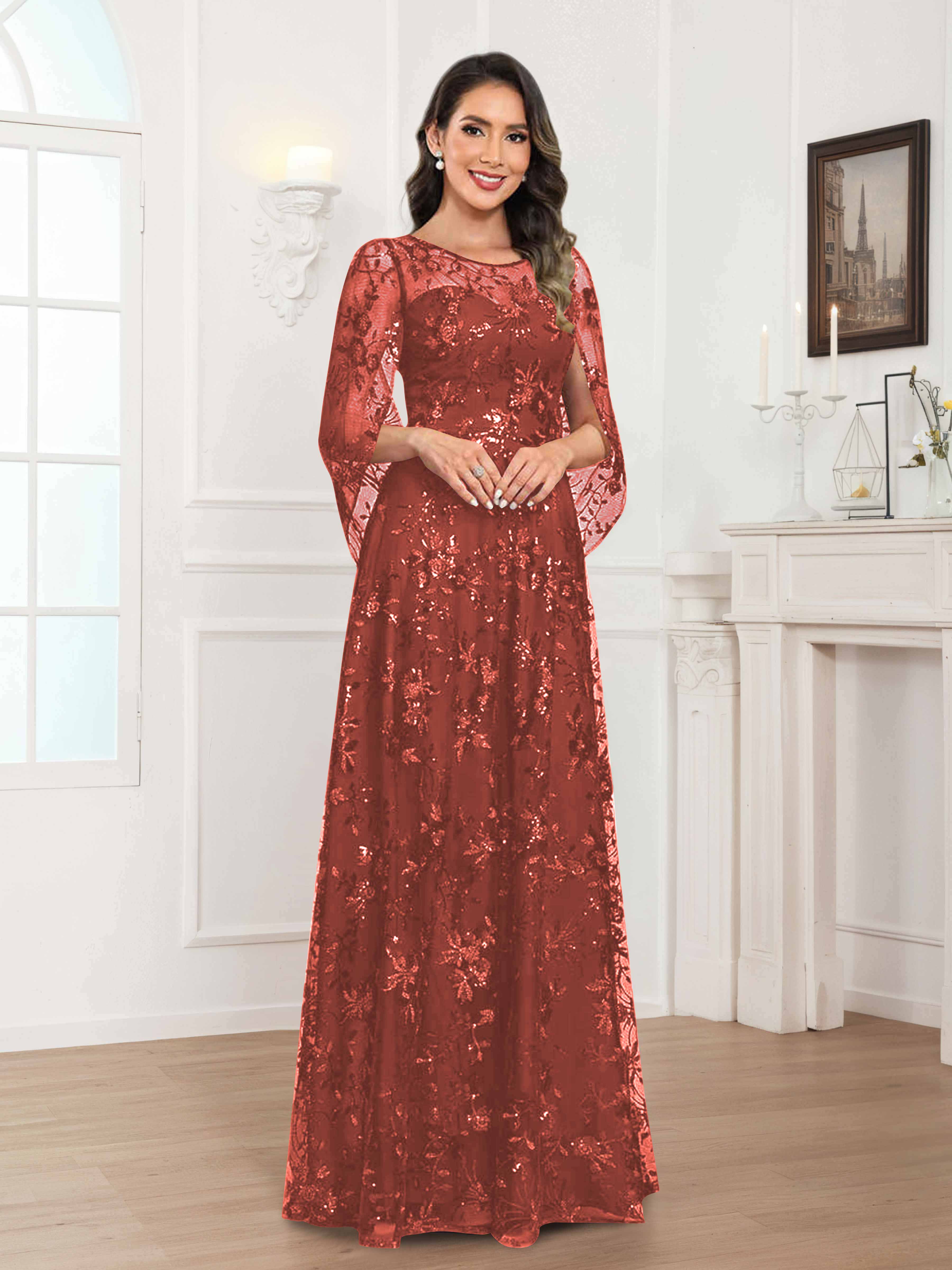 Robes Mère De La Mariée En Mousseline À Col Rond Pailleté Dentelle Quenella