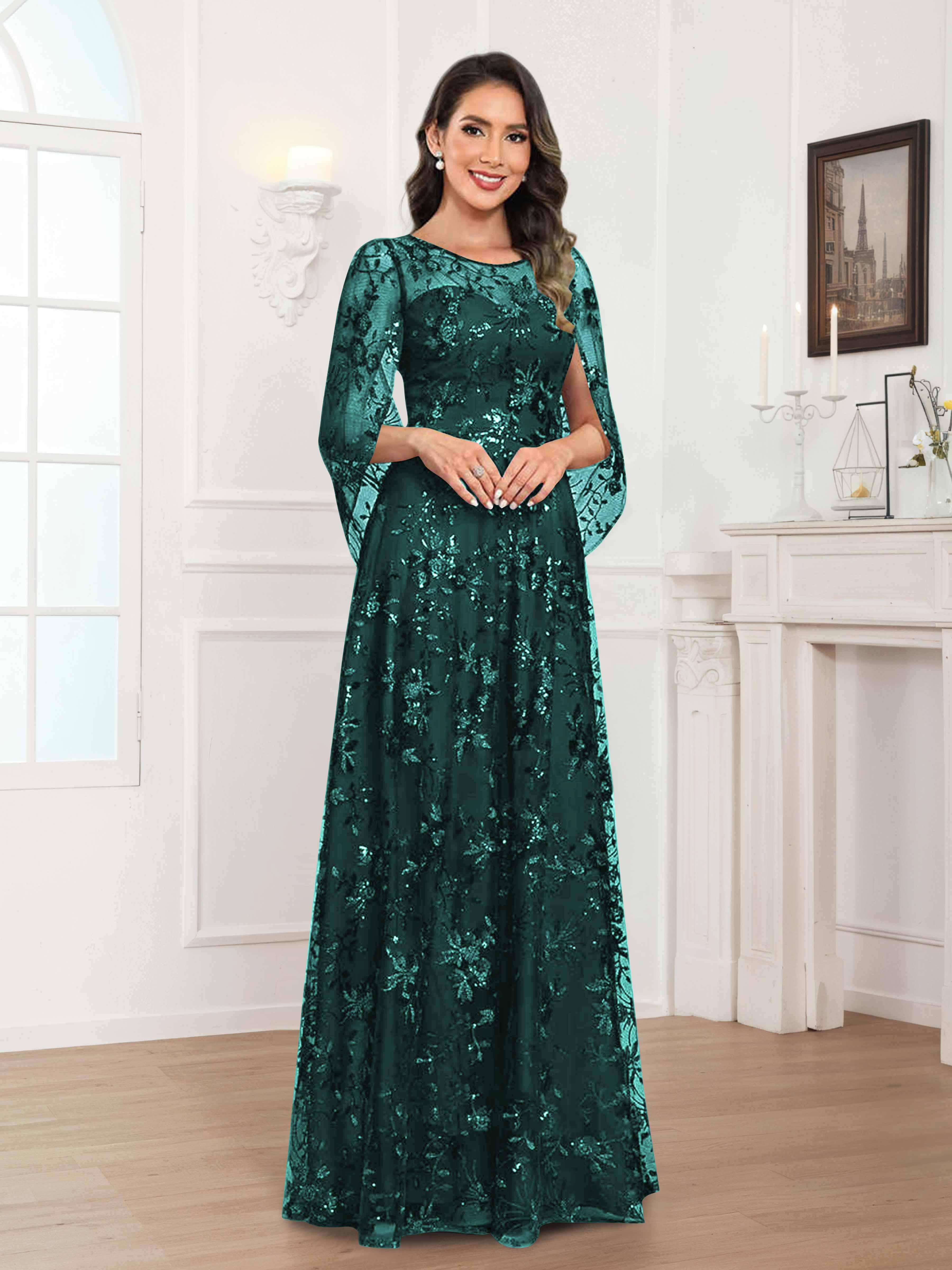Robes Mère De La Mariée En Mousseline À Col Rond Pailleté Dentelle Quenella