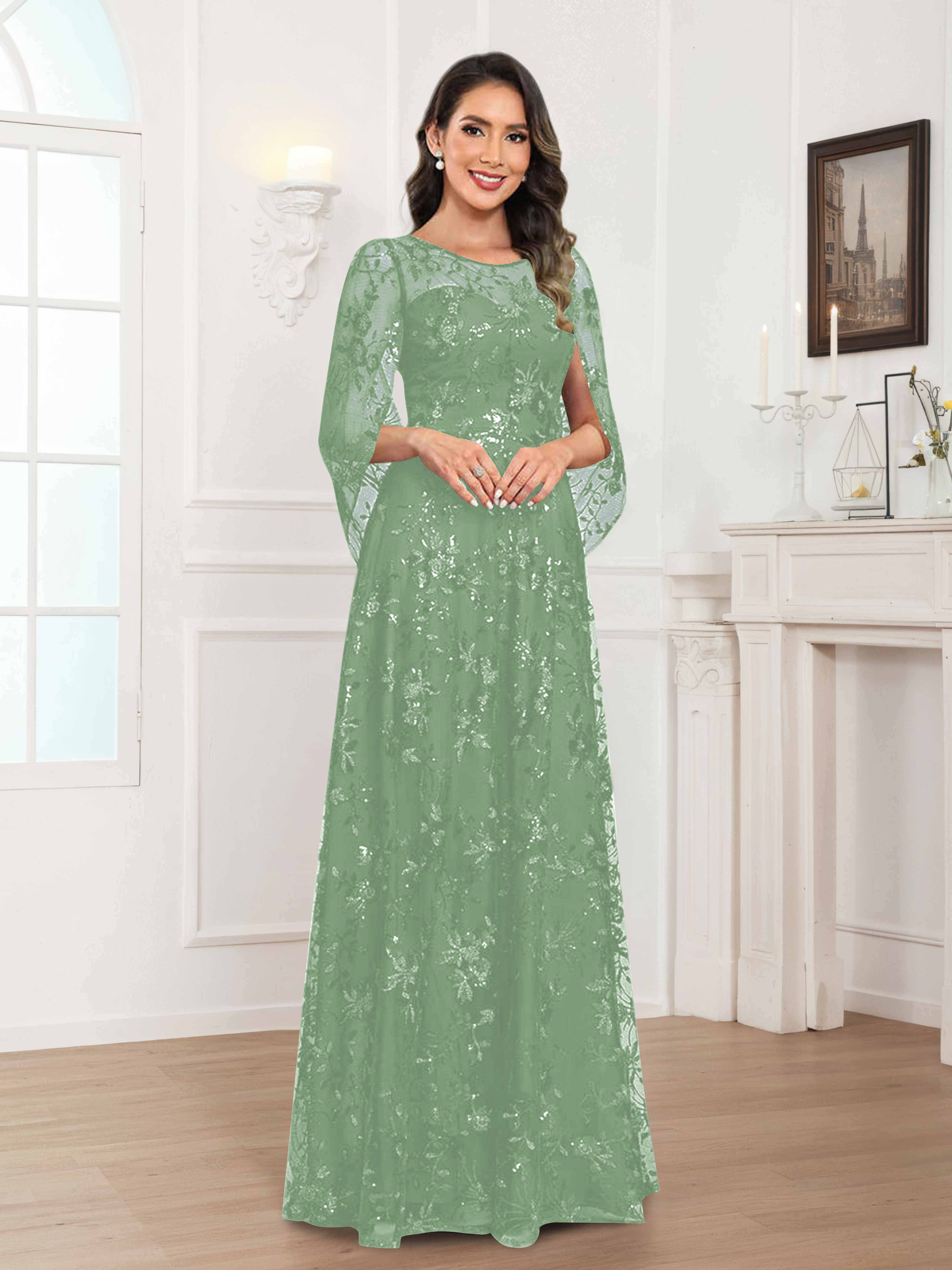 Robes Mère De La Mariée En Mousseline À Col Rond Pailleté Dentelle Quenella