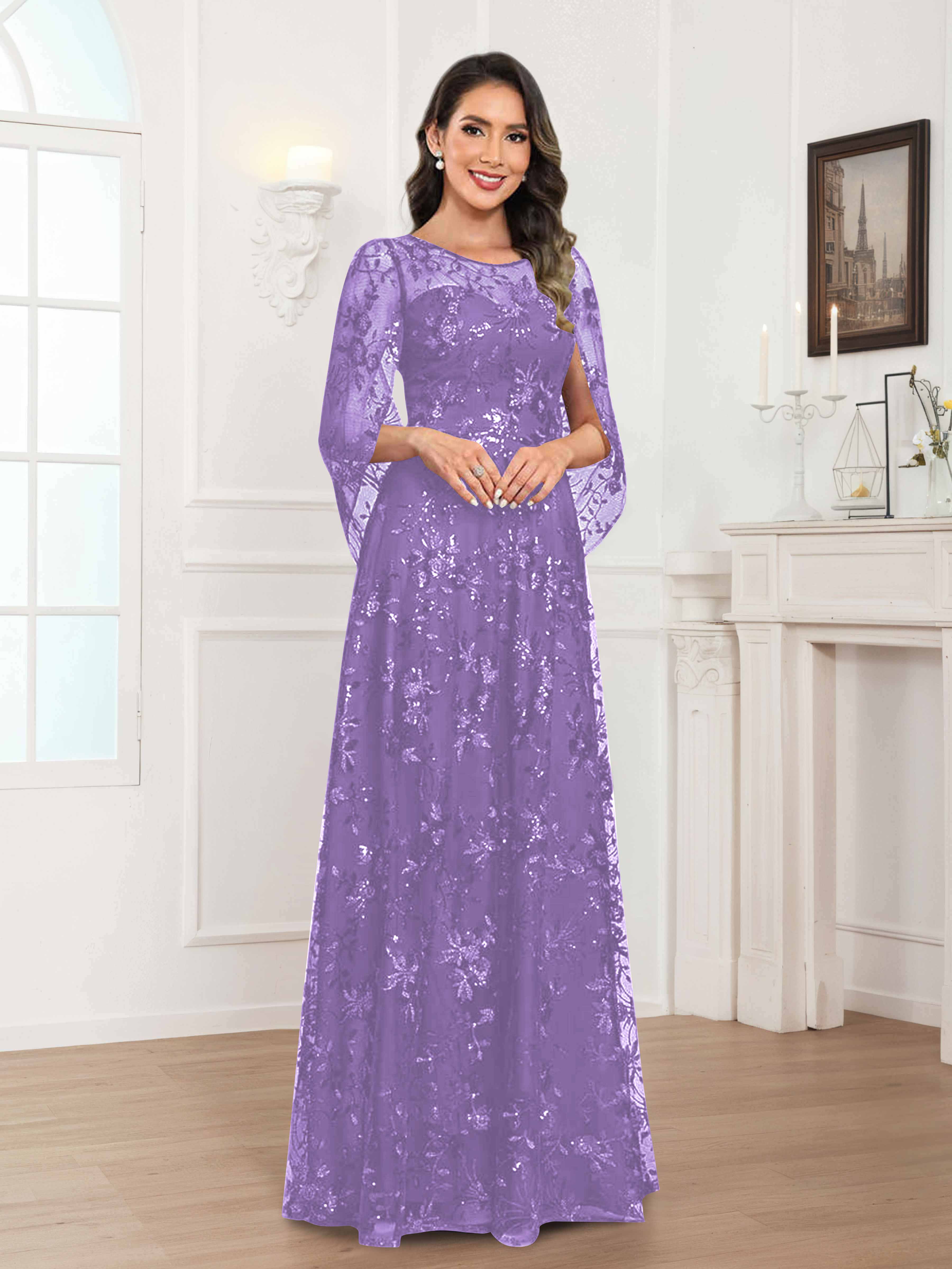 Robes Mère De La Mariée En Mousseline À Col Rond Pailleté Dentelle Quenella