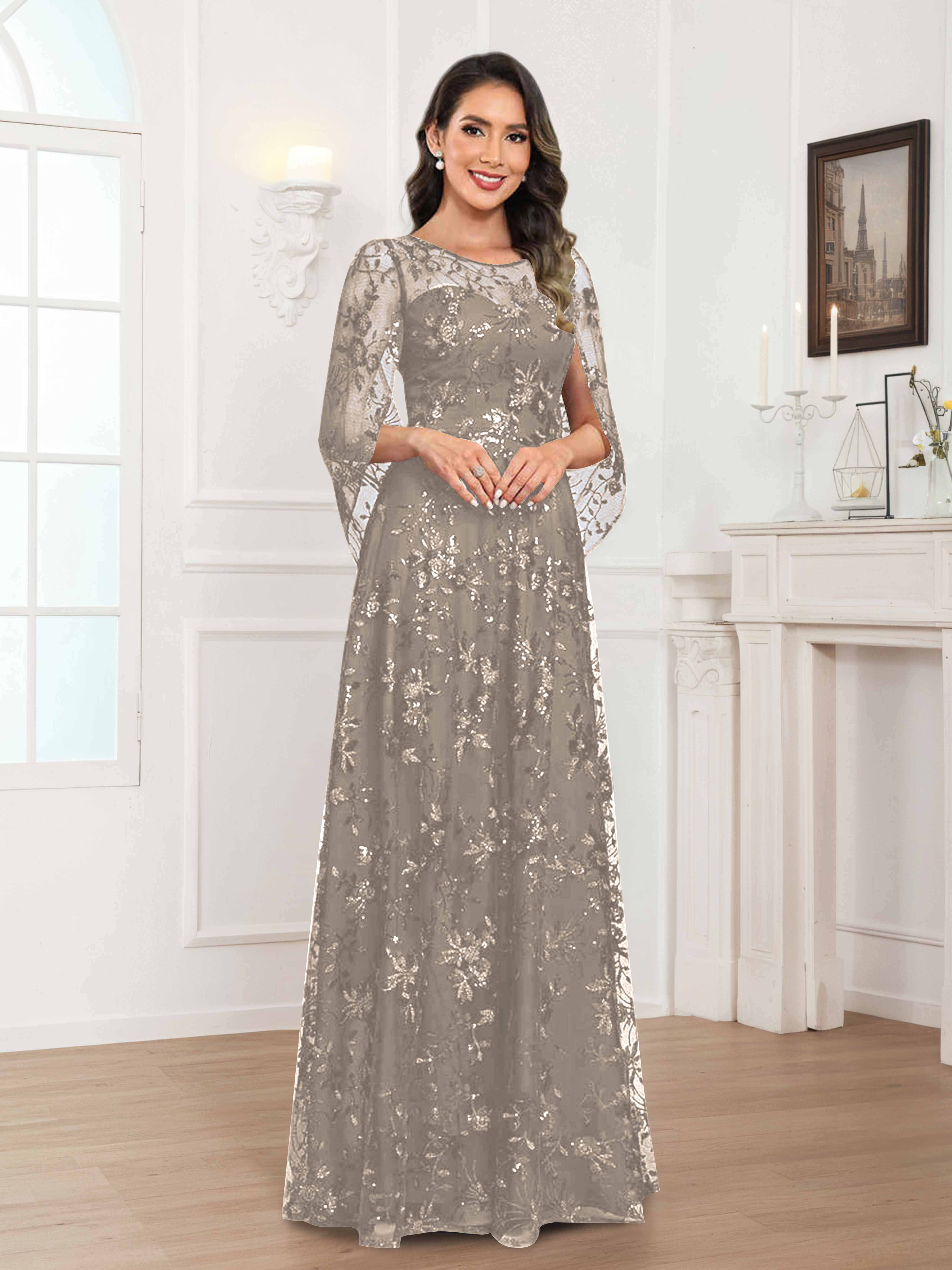 Robes Mère De La Mariée En Mousseline À Col Rond Pailleté Dentelle Quenella