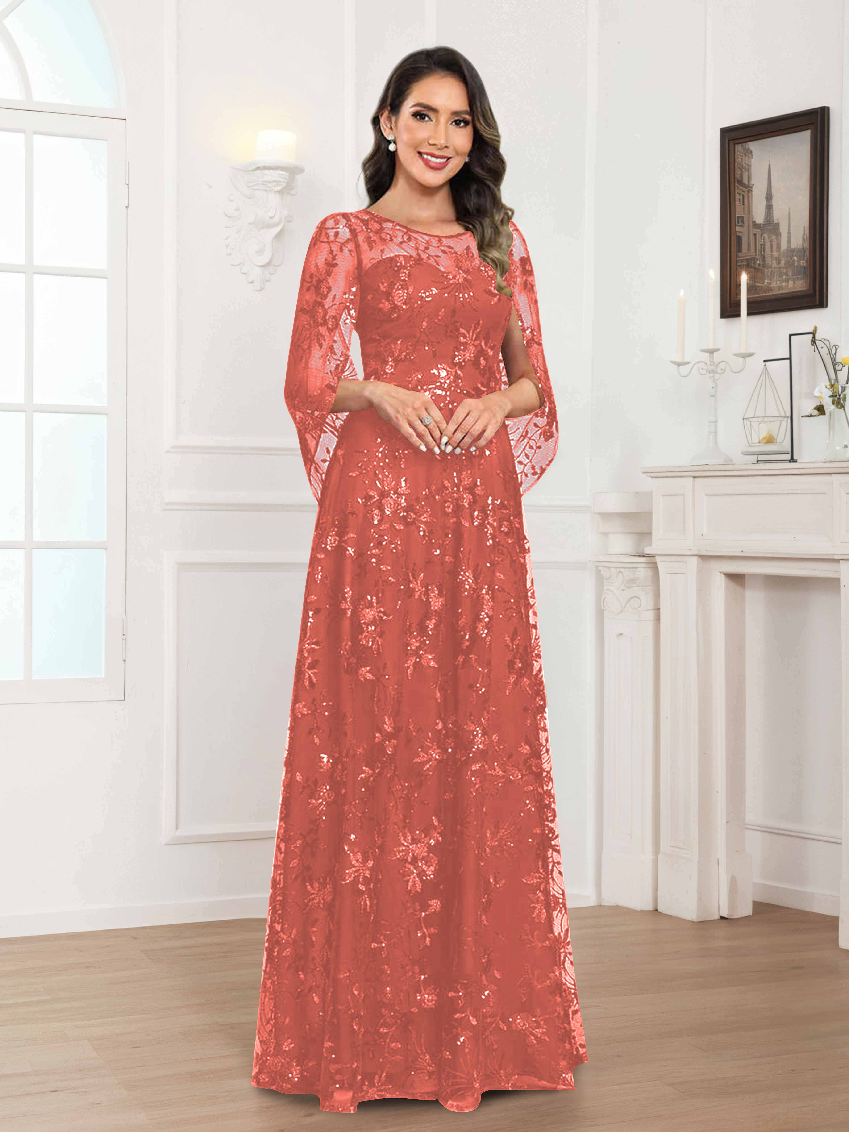 Robes Mère De La Mariée En Mousseline À Col Rond Pailleté Dentelle Quenella