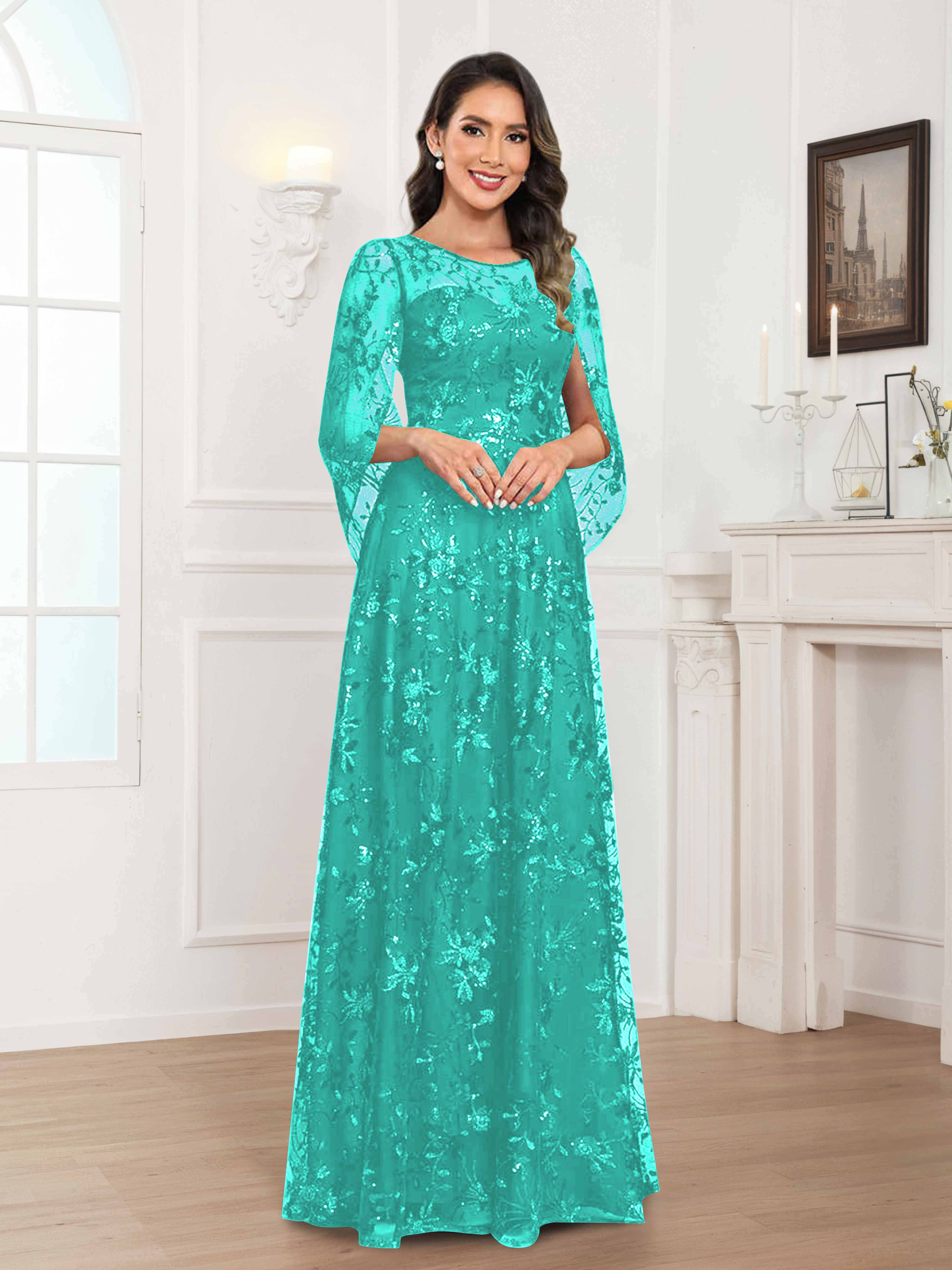 Robes Mère De La Mariée En Mousseline À Col Rond Pailleté Dentelle Quenella