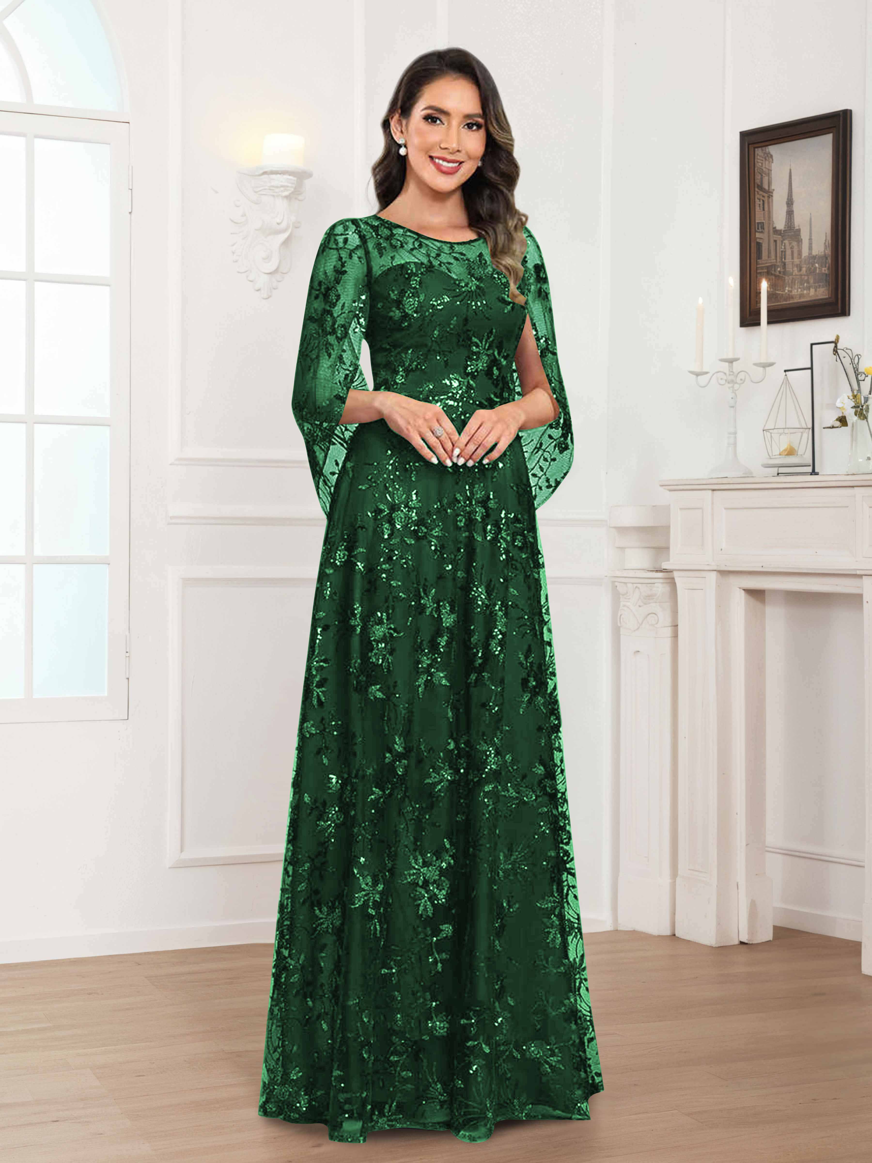 Robes Mère De La Mariée En Mousseline À Col Rond Pailleté Dentelle Quenella