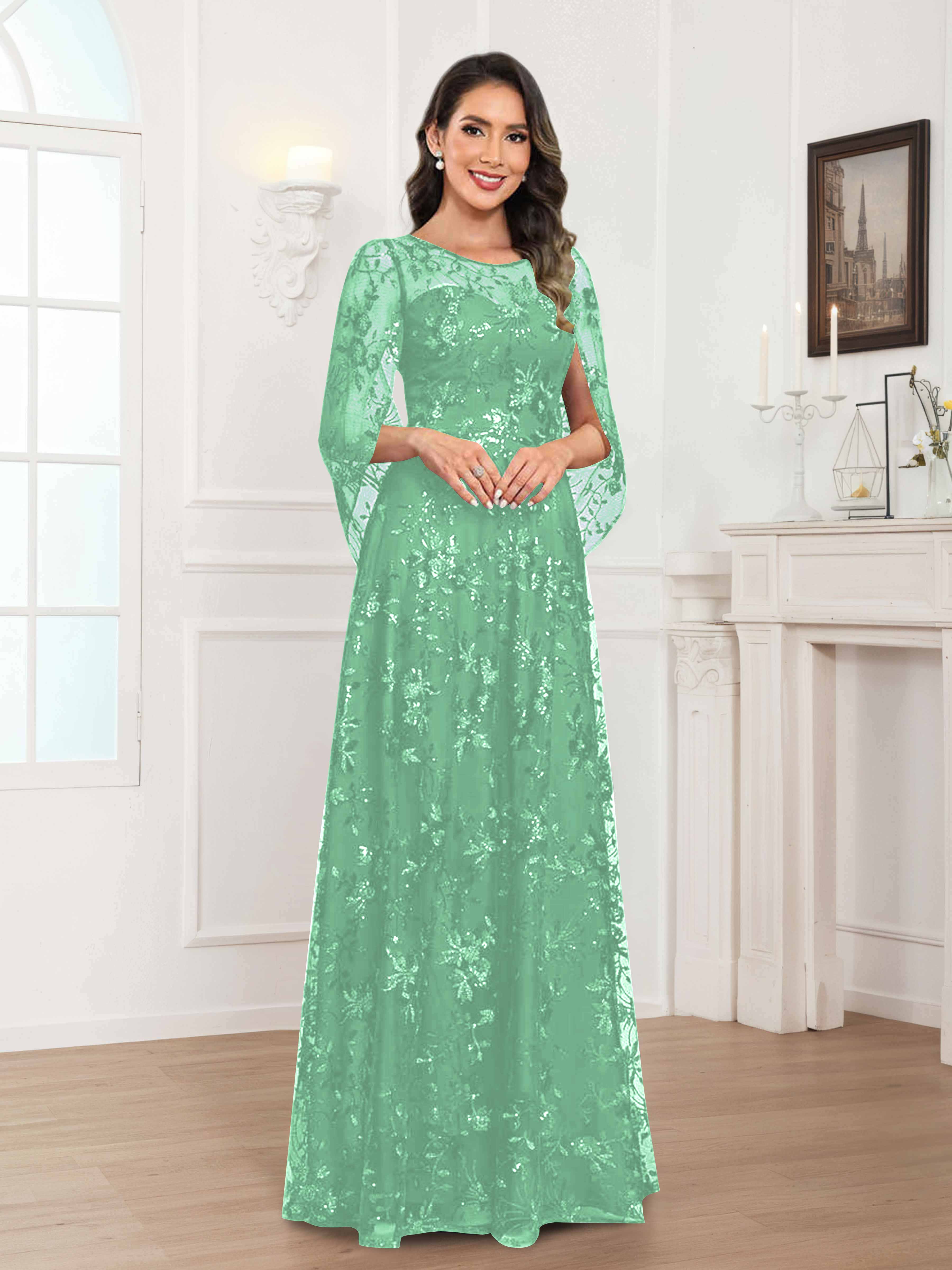 Robes Mère De La Mariée En Mousseline À Col Rond Pailleté Dentelle Quenella