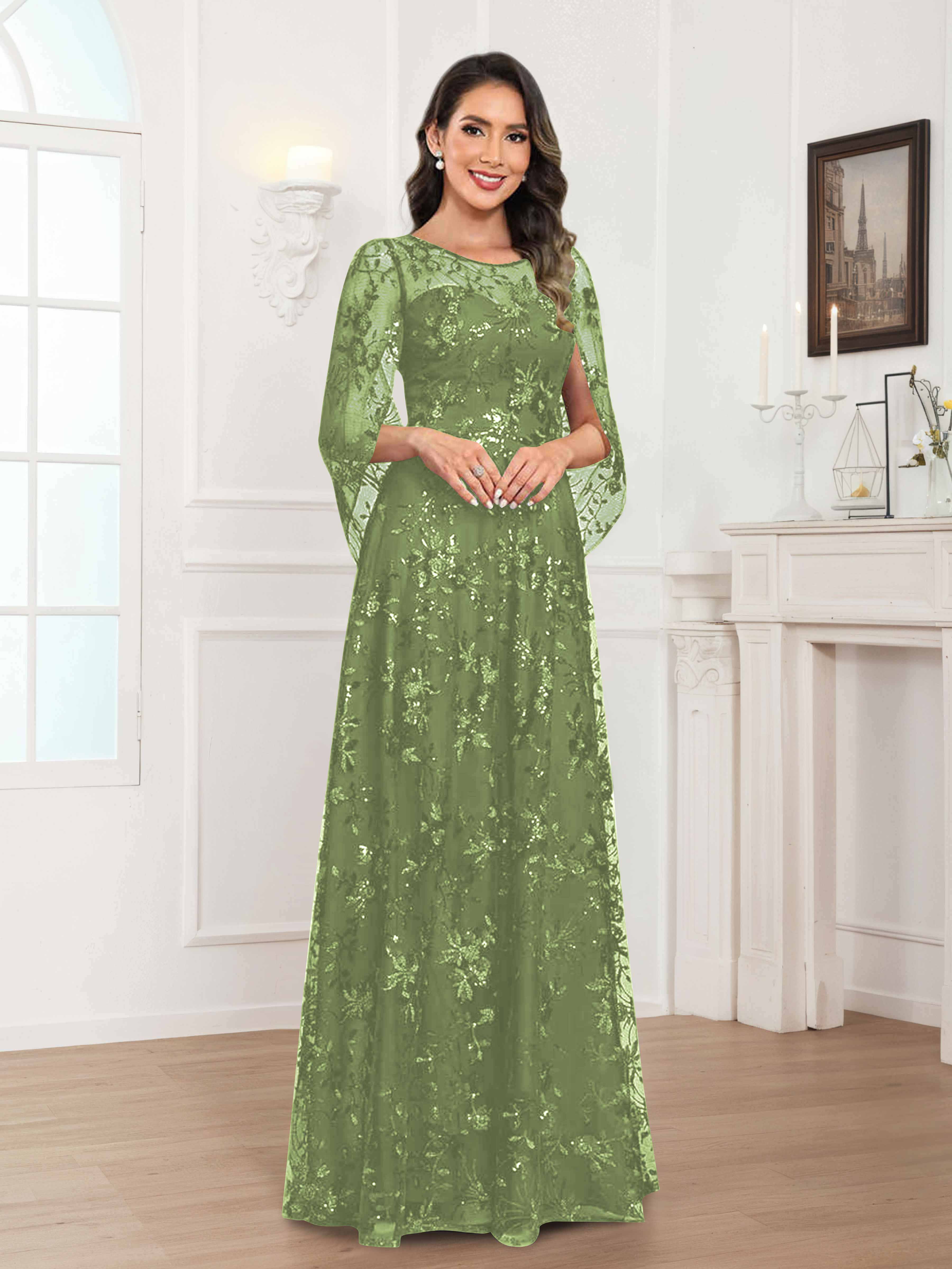 Robes Mère De La Mariée En Mousseline À Col Rond Pailleté Dentelle Quenella