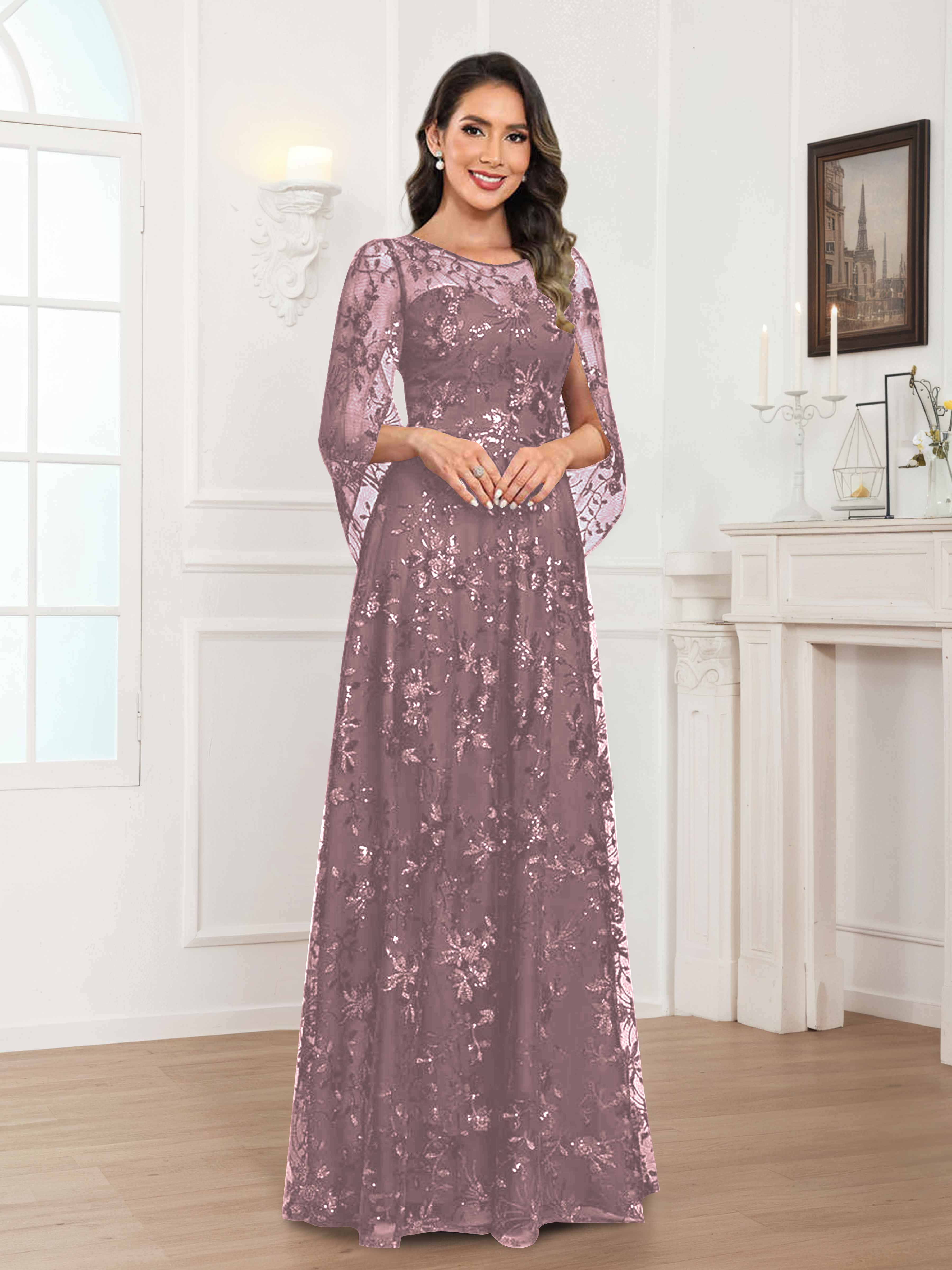 Robes Mère De La Mariée En Mousseline À Col Rond Pailleté Dentelle Quenella