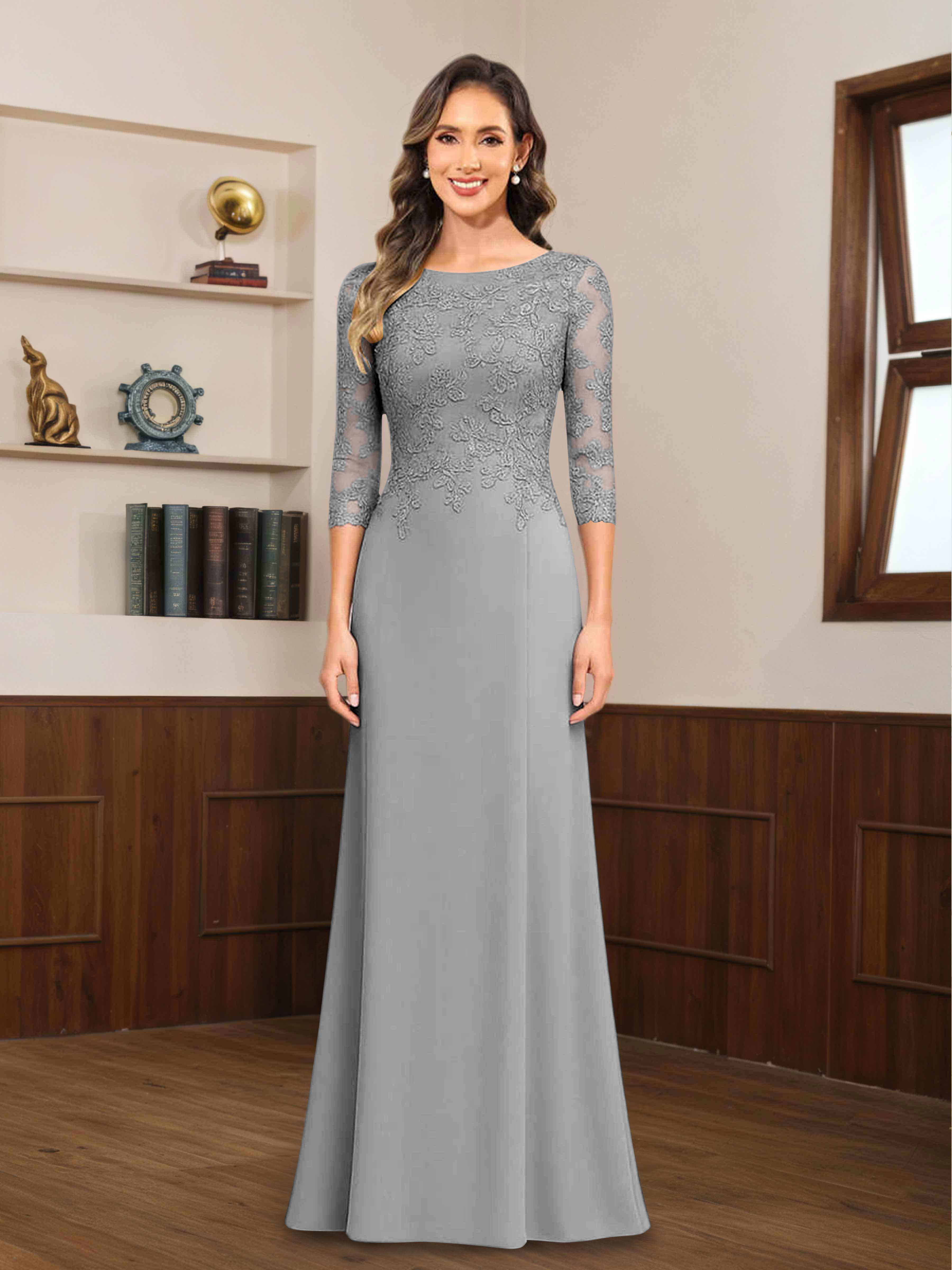 Robes Mère De La Mariée En Mousseline À Dentelle Appliqués Demi Manches Mireya