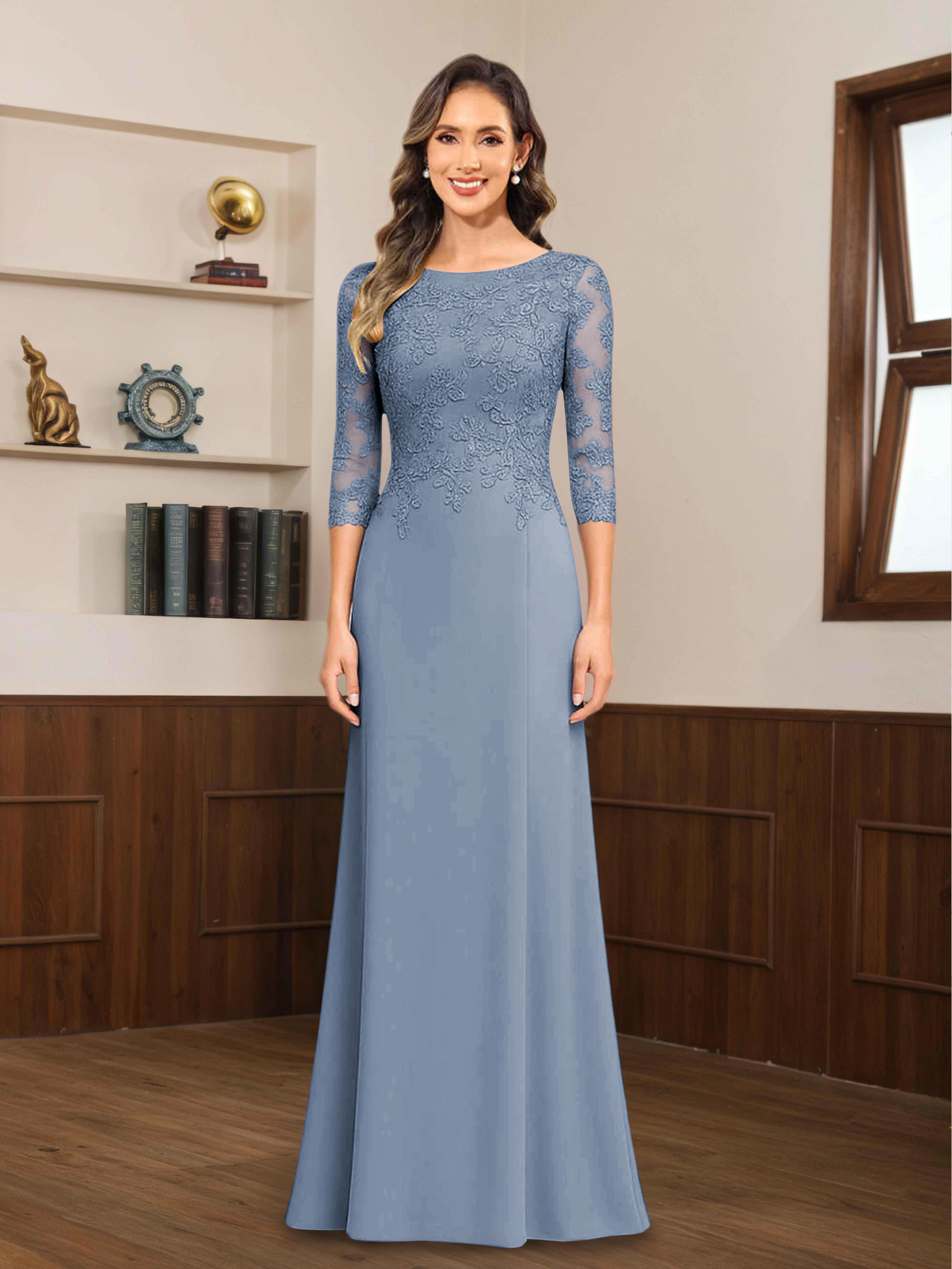 Robes Mère De La Mariée En Mousseline À Dentelle Appliqués Demi Manches Mireya