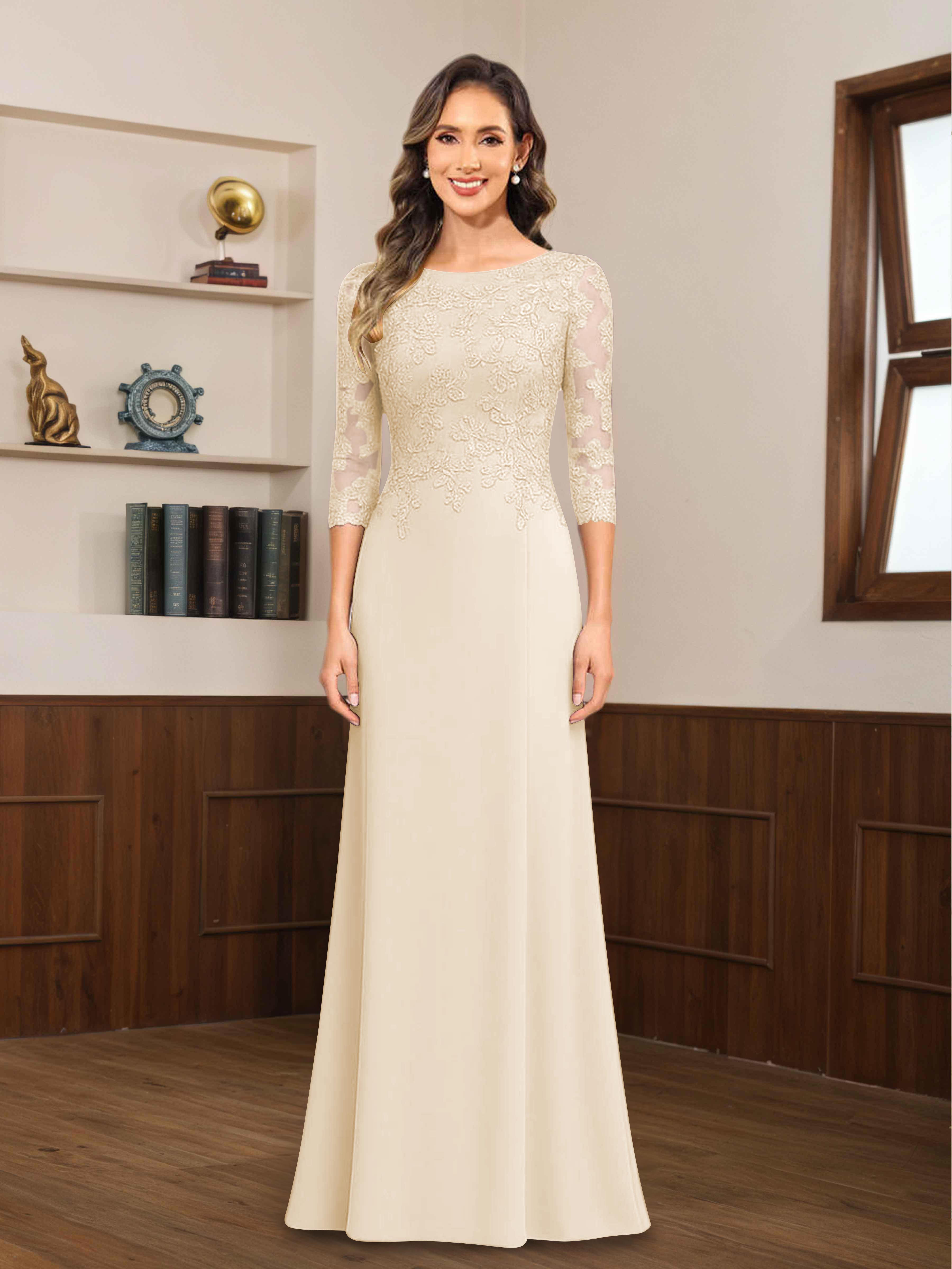 Robes Mère De La Mariée En Mousseline À Dentelle Appliqués Demi Manches Mireya
