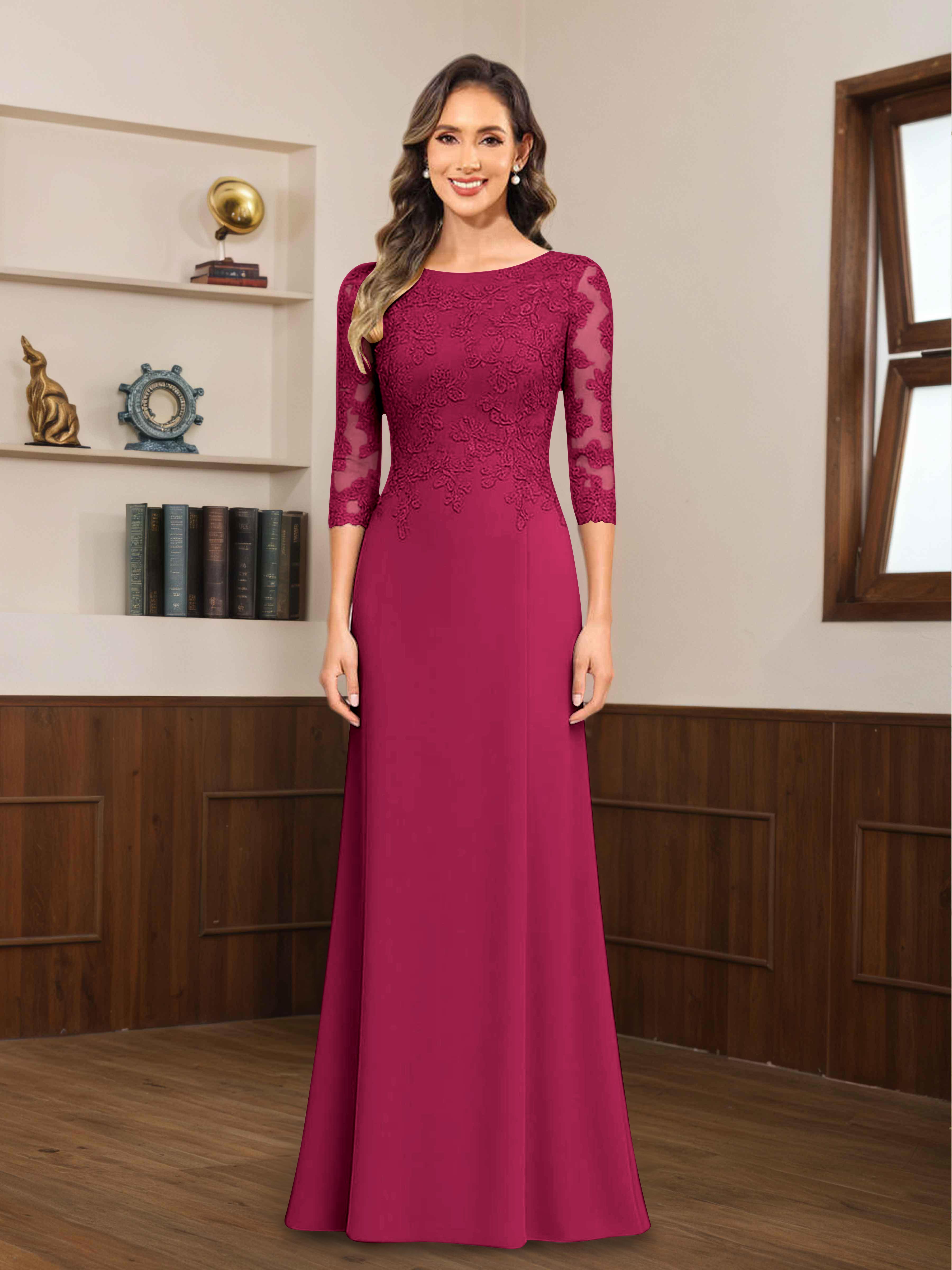 Robes Mère De La Mariée En Mousseline À Dentelle Appliqués Demi Manches Mireya