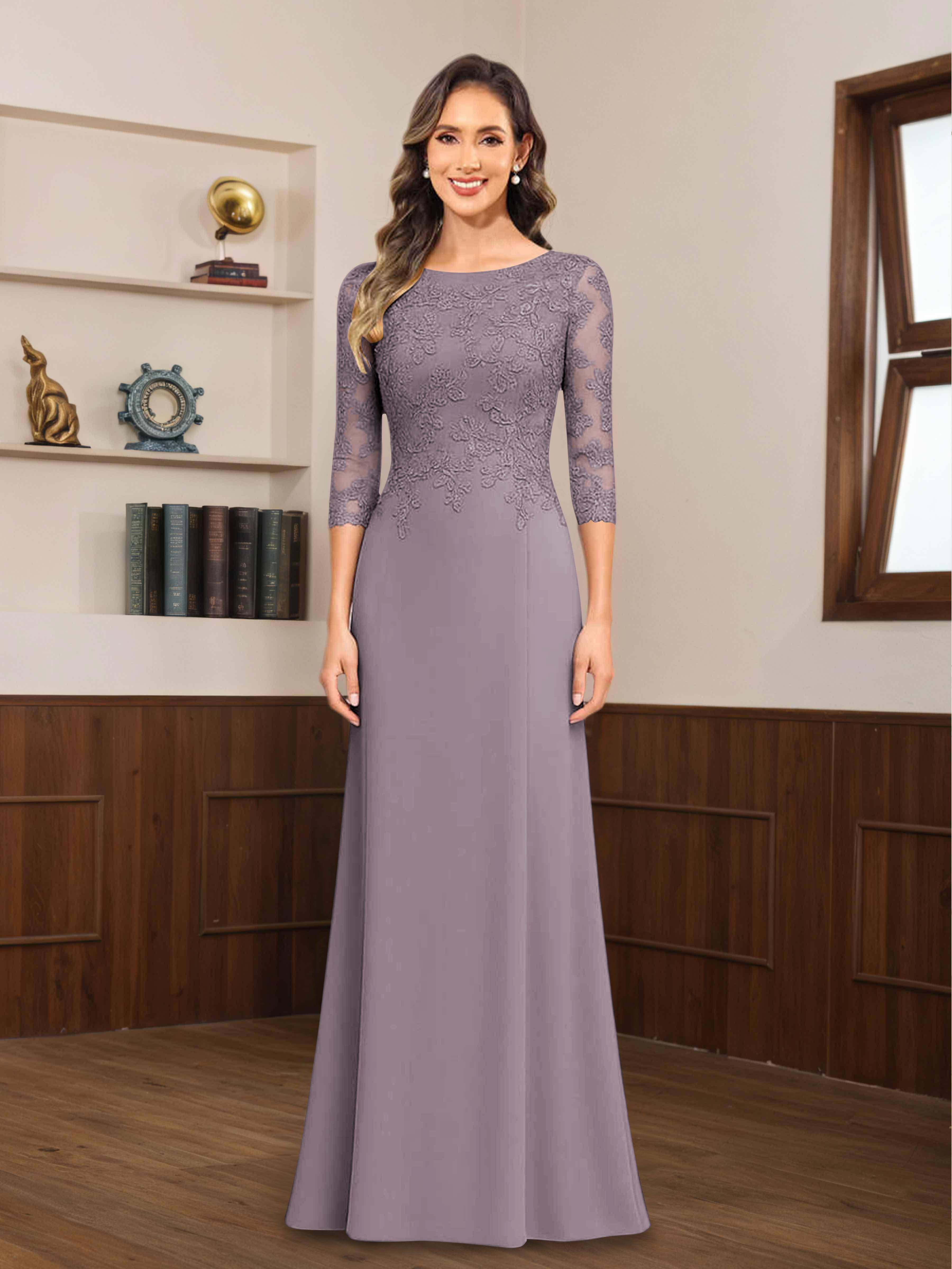 Robes Mère De La Mariée En Mousseline À Dentelle Appliqués Demi Manches Mireya