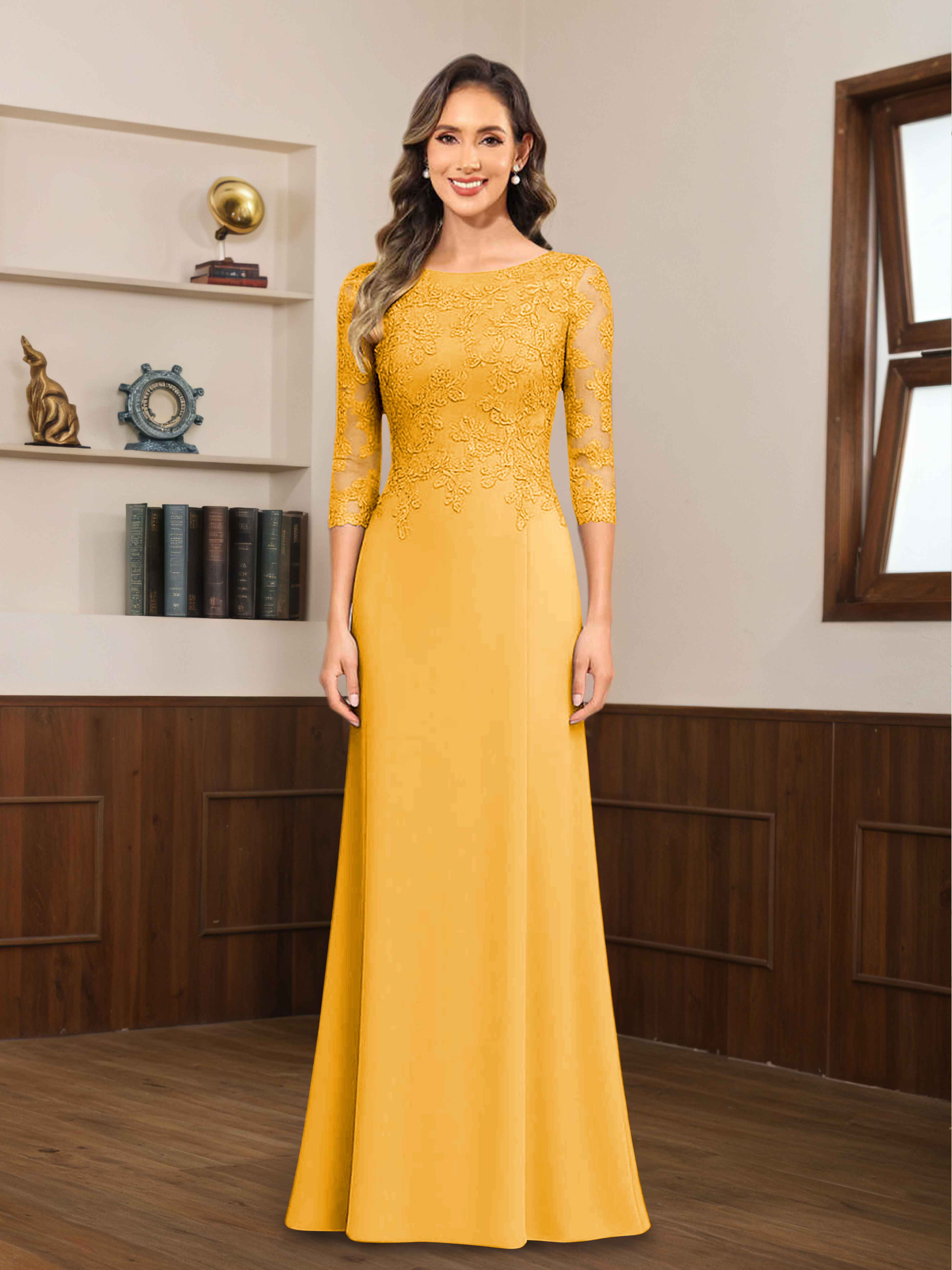 Robes Mère De La Mariée En Mousseline À Dentelle Appliqués Demi Manches Mireya