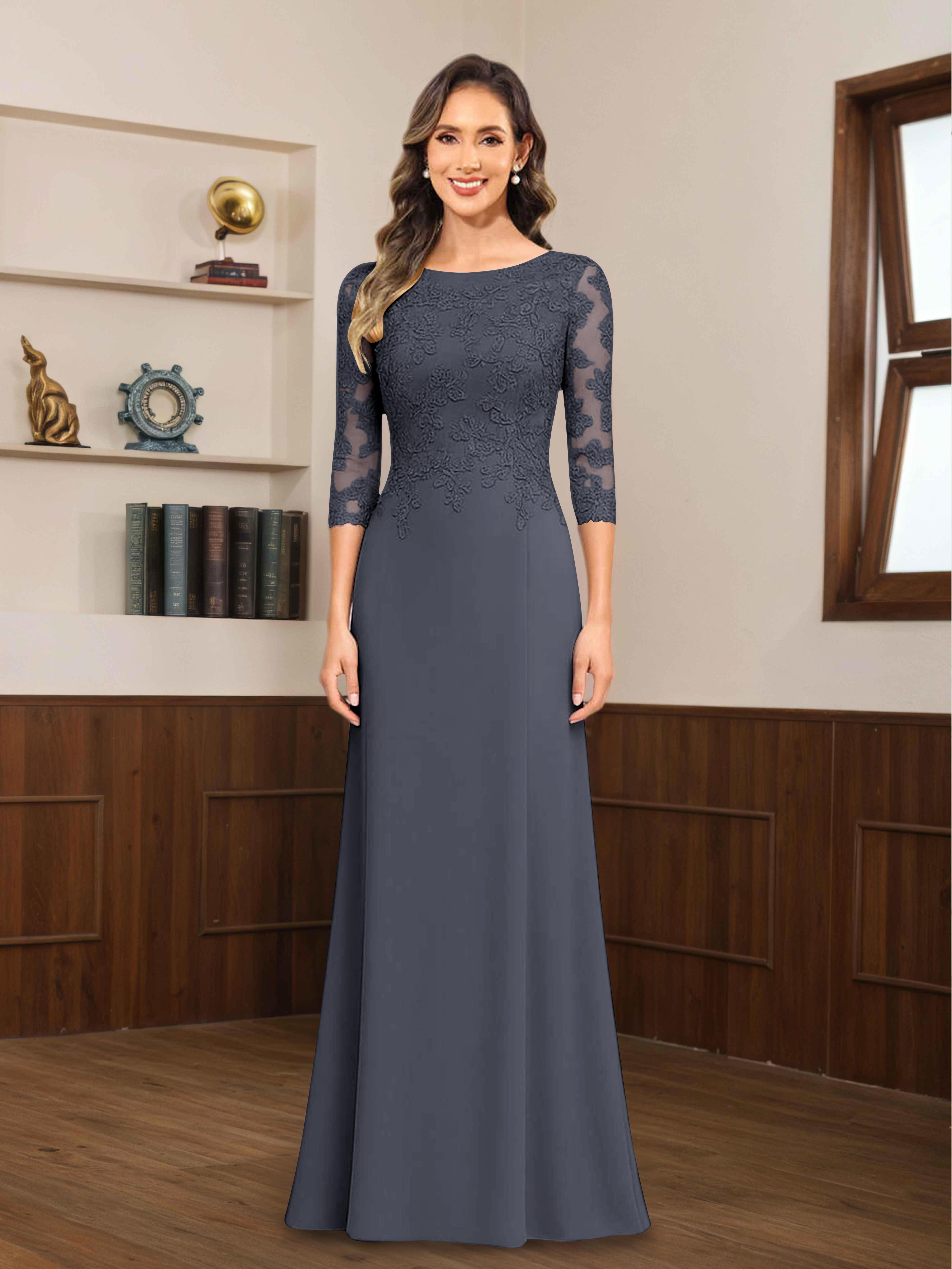 Robes Mère De La Mariée En Mousseline À Dentelle Appliqués Demi Manches Mireya