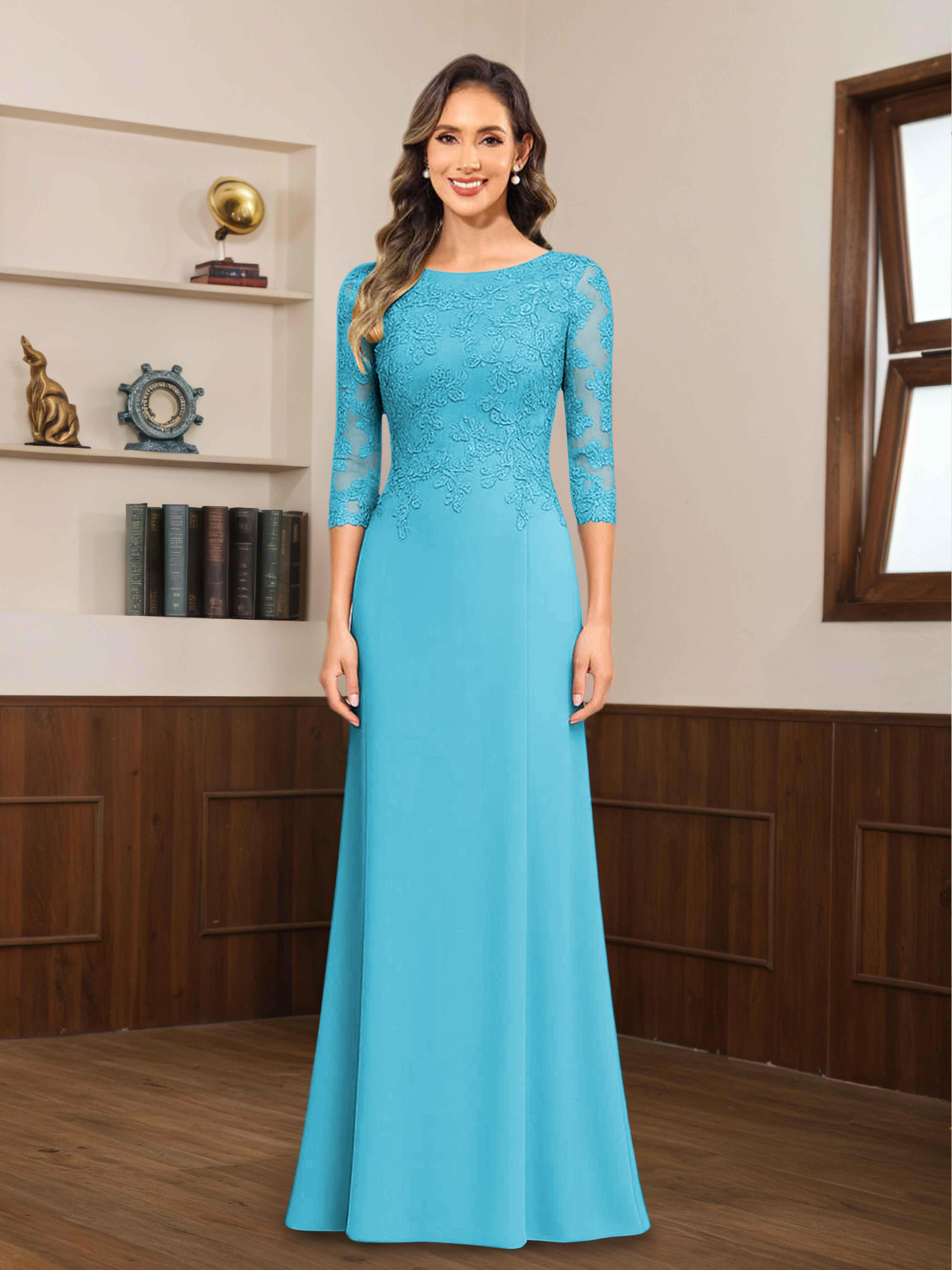 Robes Mère De La Mariée En Mousseline À Dentelle Appliqués Demi Manches Mireya